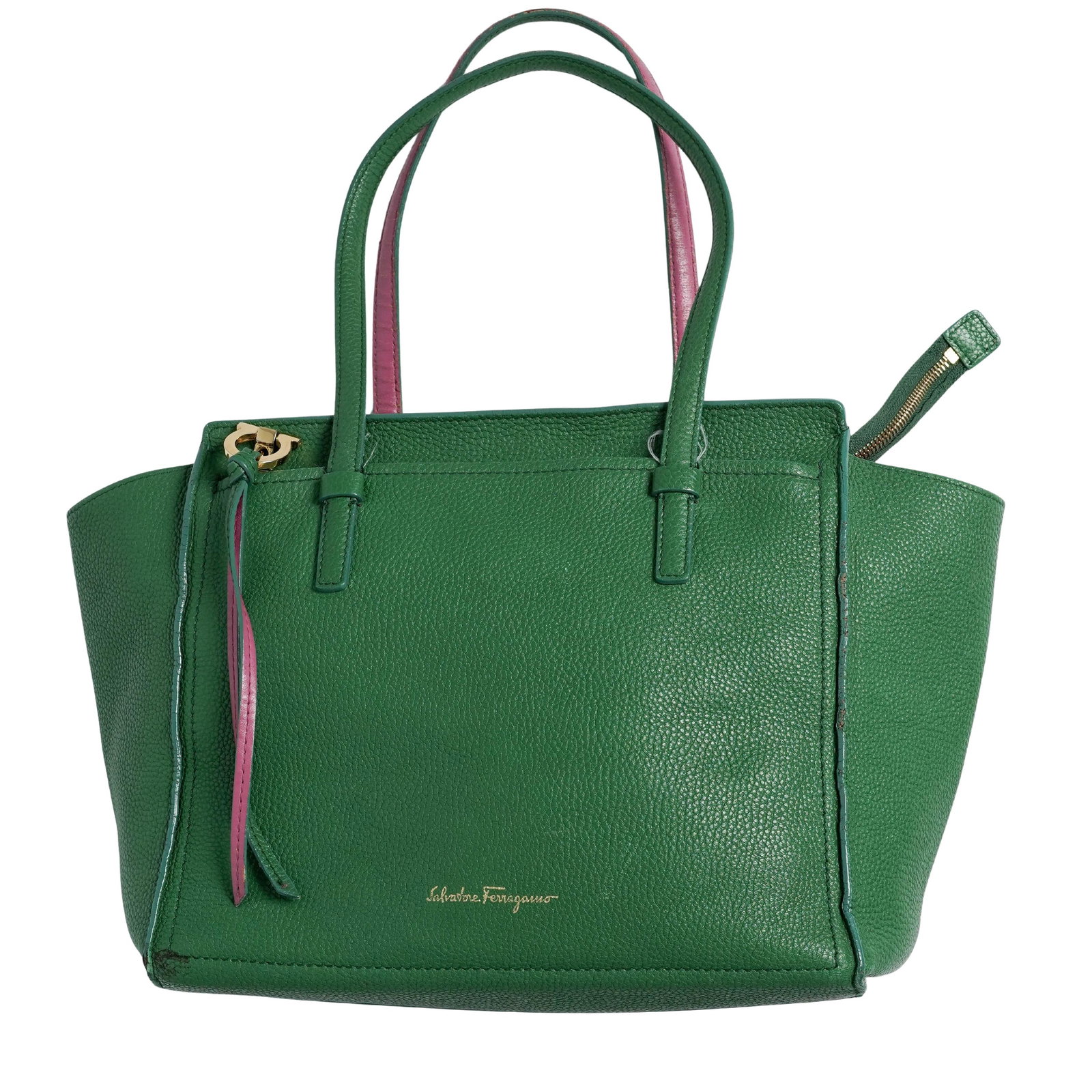 Salvatore Ferragamo Green Leather Amy Tote Bag: Salvatore Ferragamo Green Leather Amy Tote Bag 20th century, Italy Salvatore Ferragamo Amy tote bag, crafted from a vibrant green pebbled leather. It features a structured, rectangular silhouette. The