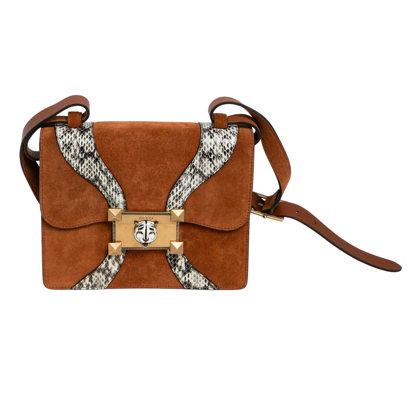 Gucci Osiride Suede & Python and Tiger Head Snake Skin Bag: Gucci Osiride Suede & Python and Tiger Head Snake Skin Bag c. 2017, Italian Gucci Osiride medium shoulder bag in chestnut brown suede exterior accented with natural python snake skin trim in a bold, s