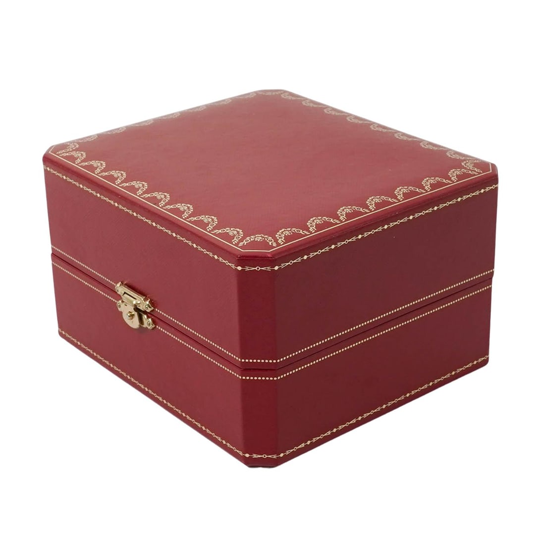 Cartier Watch Presentation Box: Cartier Watch Presentation Box Late 20th Century, France. Cartier Red Leatherette Watch Presentation Box with Gold Tooling and Brass Clasp. Classic Cartier packaging, likely late 20th century. Box onl