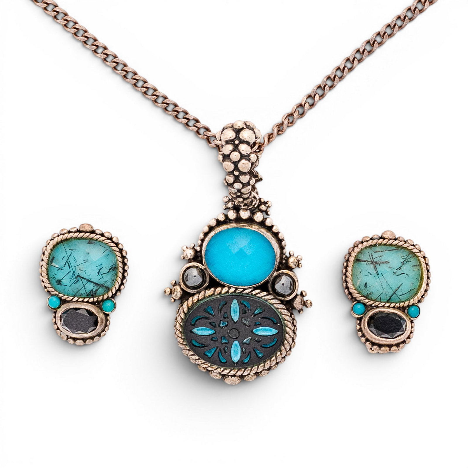 (3 Pcs) Stephen Dweck Sterling Silver & Multi-Stone Jewelry Suite: (3 Pcs) Stephen Dweck Sterling Silver & Multi-Stone Jewelry Suite 2000s, USA Stephen Dweck sterling silver necklace and earrings featuring faceted rutilated quartz, faceted blue chalcedony, carved flo