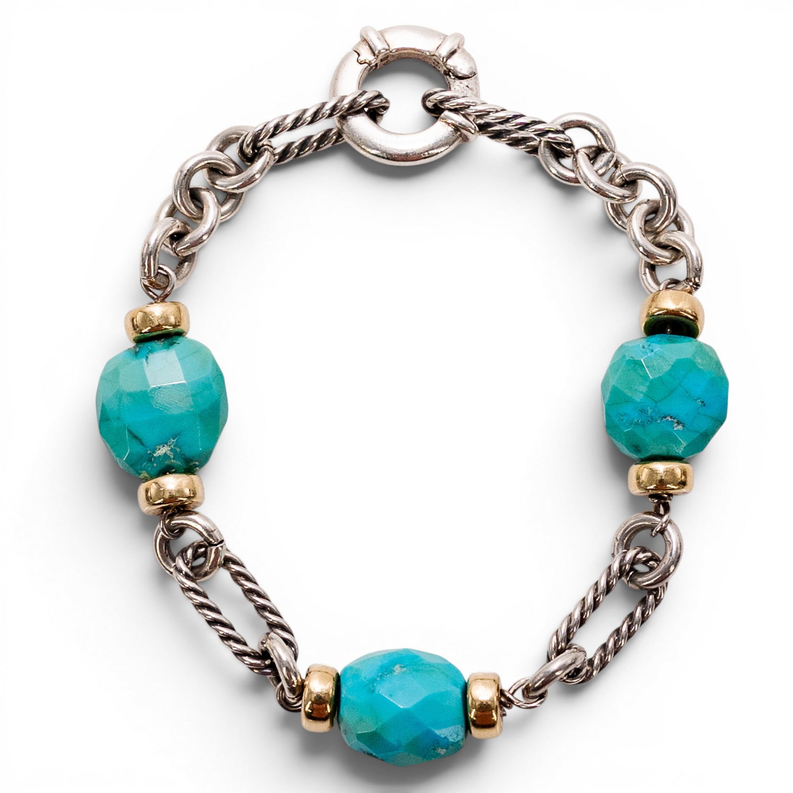 David Yurman Sterling Silver 18k Gold & Turquoise Bracelet: David Yurman Sterling Silver 18k Gold & Turquoise Bracelet 2000s, USA David Yurman sterling silver chain bracelet set with three faceted turquoise beads spaced by 18k yellow gold collars, featuring mi