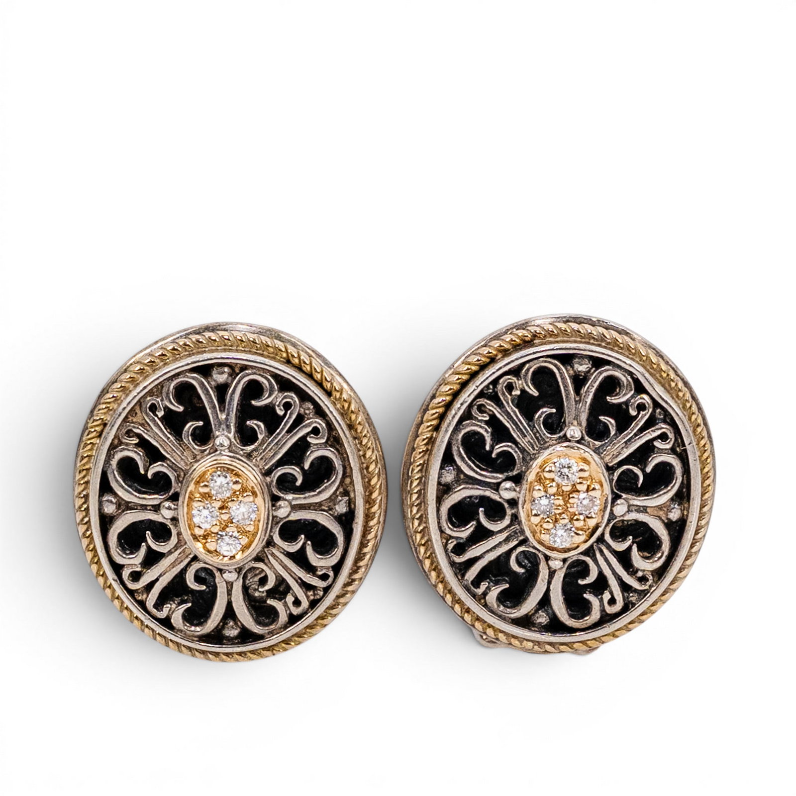 Konstantino Sterling Silver 18k Gold & Diamond Earrings: Konstantino Sterling Silver 18k Gold & Diamond Earrings 1990s-2000s, Greek Pair of Konstantino earrings featuring round sterling silver openwork scroll design with rope-twist borders, black oxidized r