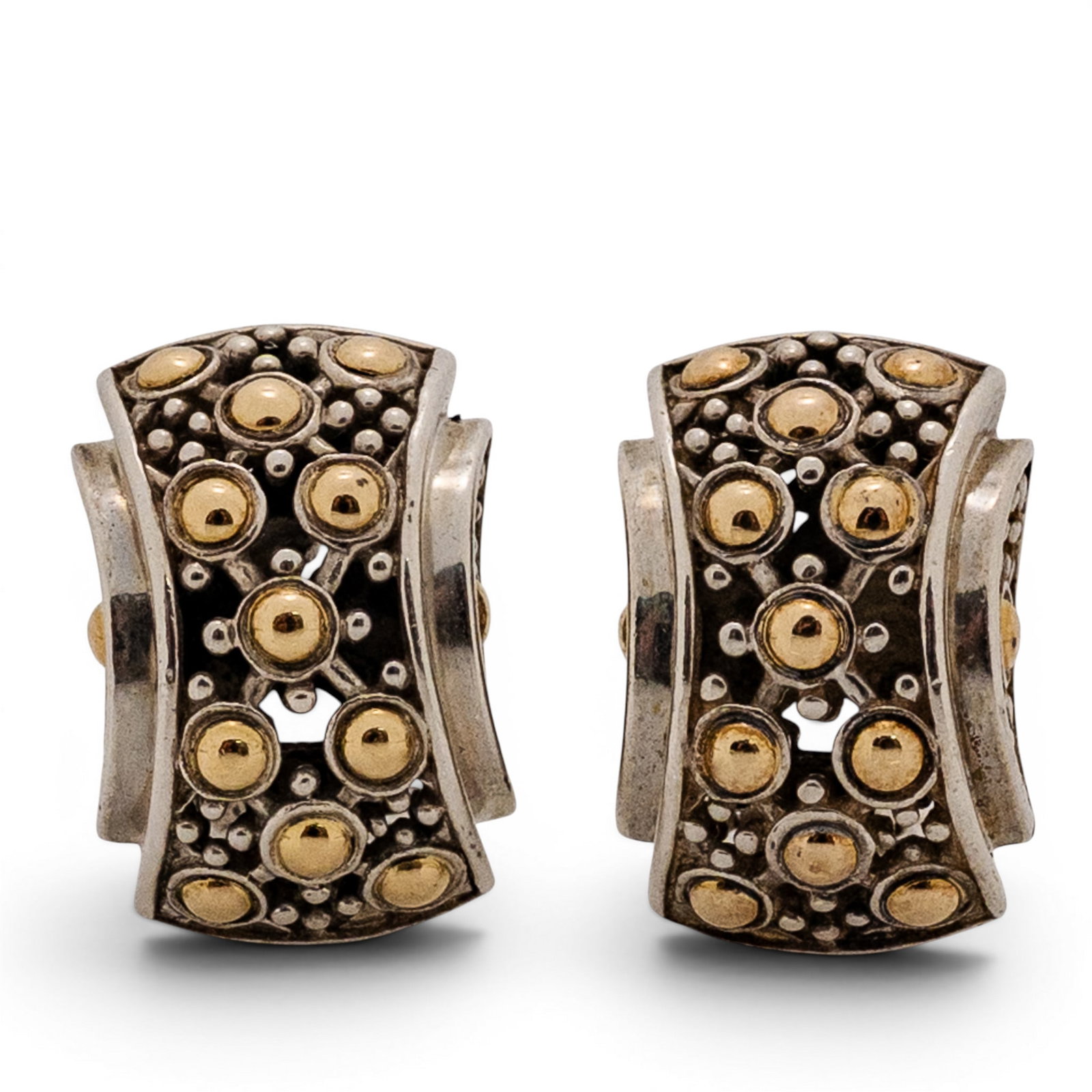 John Hardy Sterling Silver & 18k Gold Earrings: John Hardy Sterling Silver & 18k Gold Earrings 2000s, Indonesian Sterling silver clip-on stud earrings with applied 18k gold dot motif in the John Hardy “Dot” pattern, oxidized ground with rai