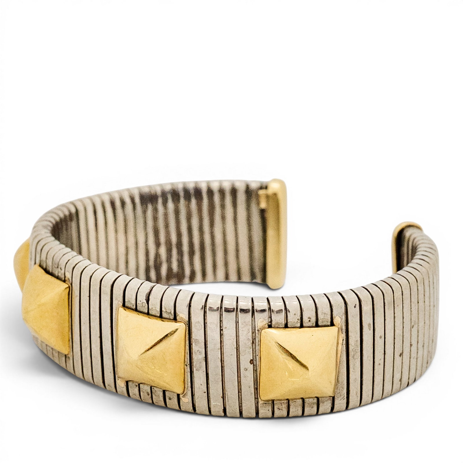 Bvlgari Style Stainless & 18k Gold Tubogas Pyramid Cuff Bracelet (1 of 5)