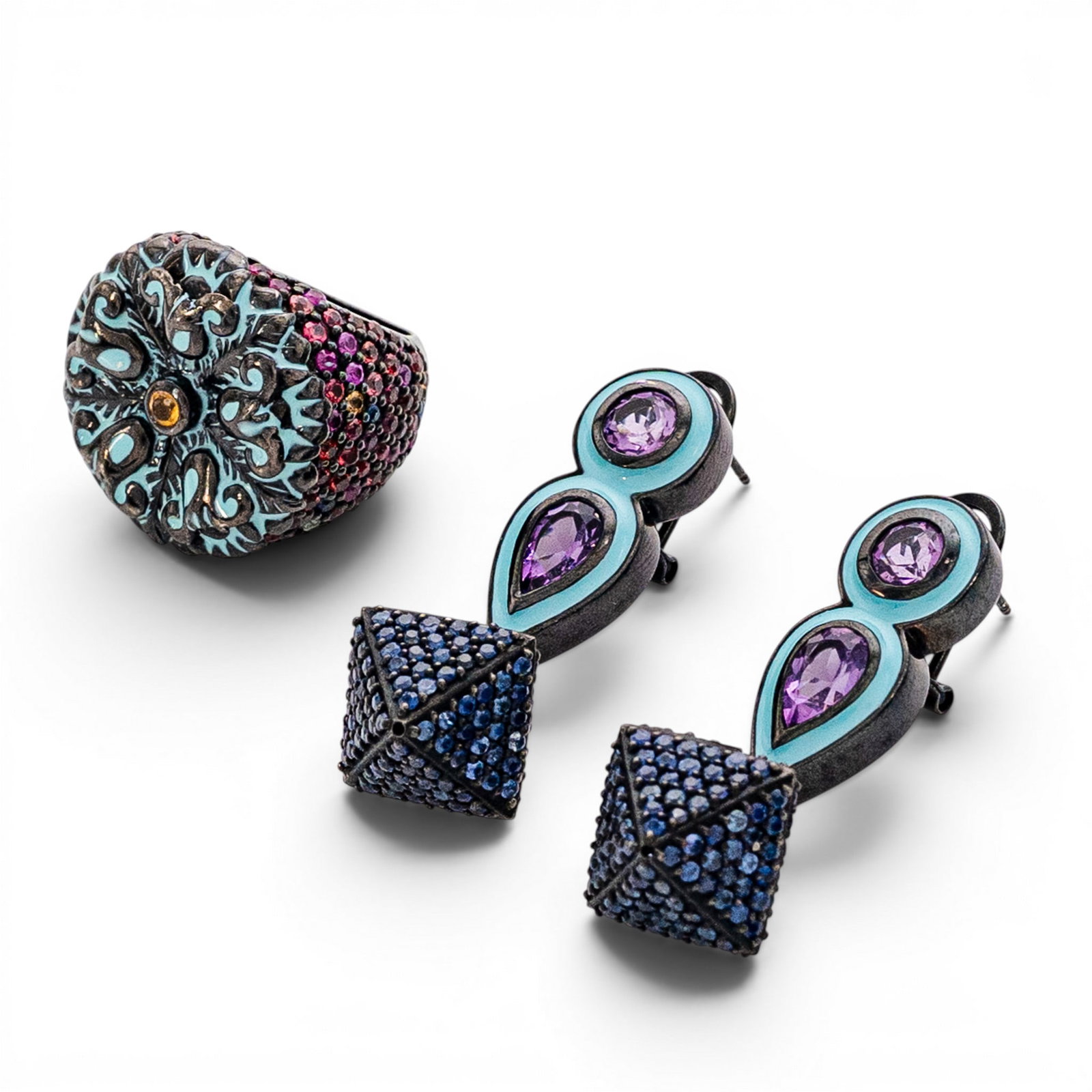 Matthew Campbell Laurenza Sterling Silver Multi-Gemstone & Enamel Jewelry Set: Matthew Campbell Laurenza Sterling Silver Multi-Gemstone & Enamel Jewelry Set 2000s, Italian Matthew Campbell Laurenza sterling silver suite with black rhodium finish comprising a domed cocktail ring 