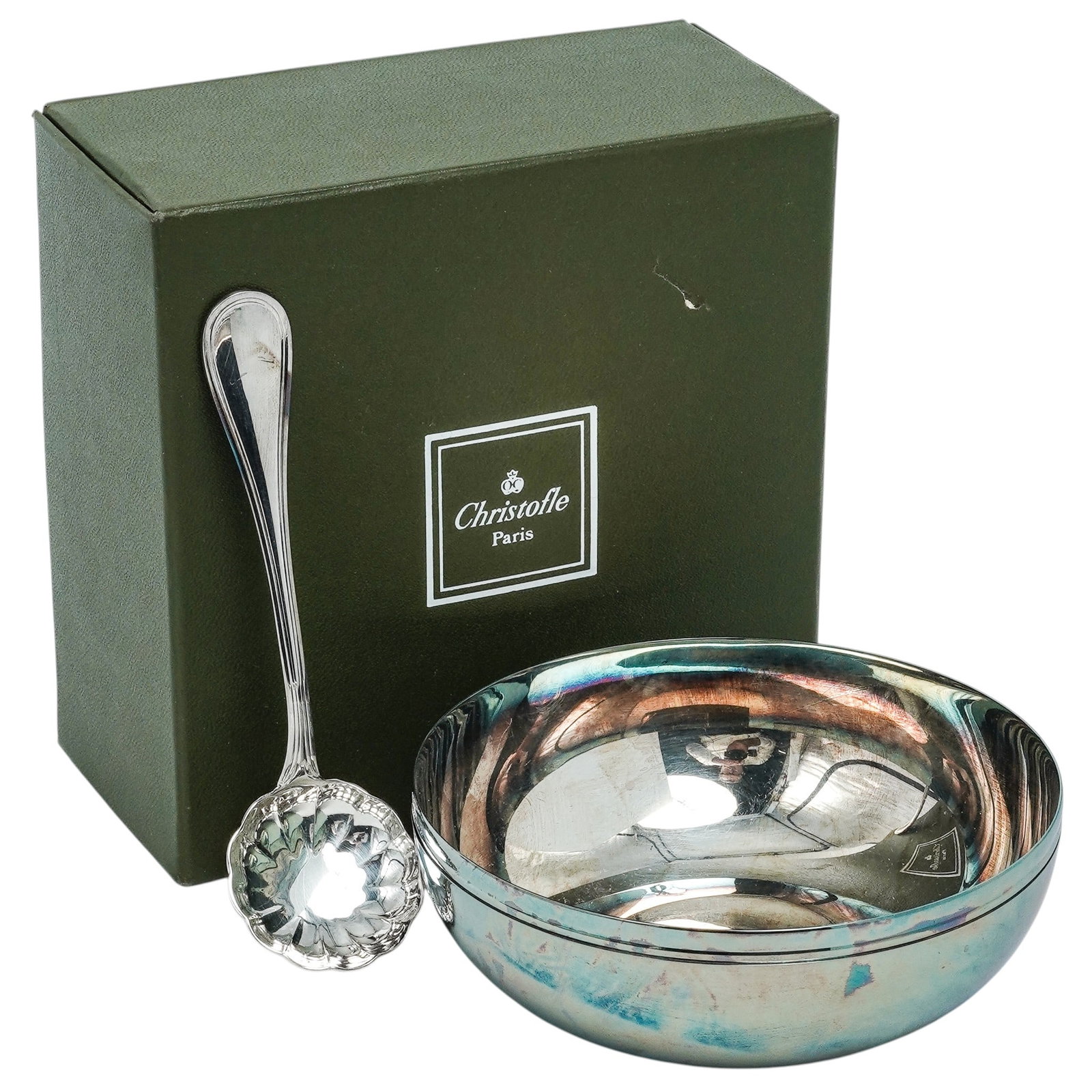 Christofle 'Vibrations' Silver-Plated Sugar Bowl & Ladle Set: Christofle 'Vibrations' Silver-Plated Sugar Bowl & Ladle Set Late 20th Century, France. Modernist silver-plated sugar bowl from Christofle’s Vibrations line, characterized by its sleek, minimalist f