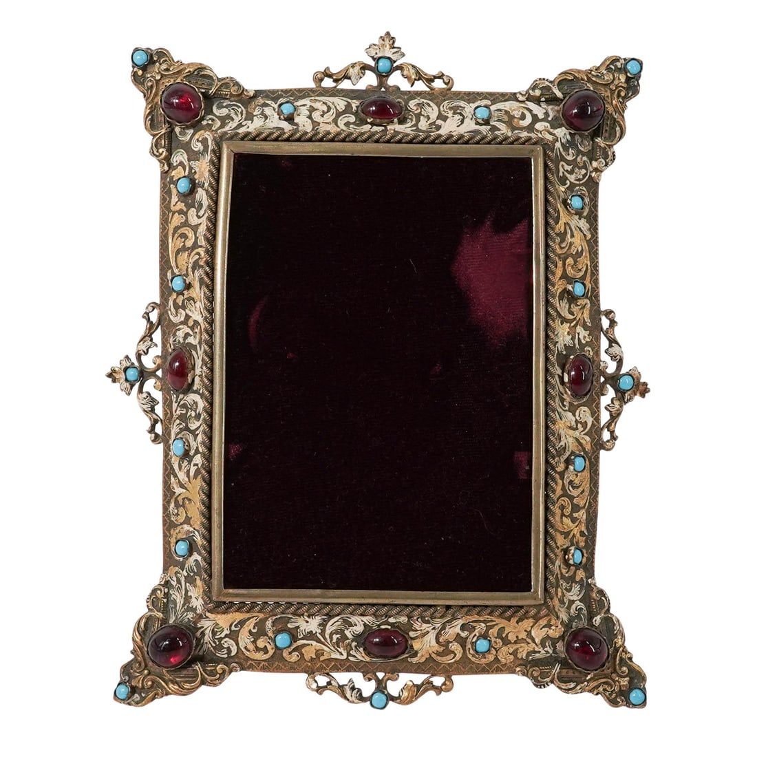 Victorian Jeweled Gilt Brass Picture Frame: Victorian Jeweled Gilt Brass Picture Frame Late 19th to early 20th Cent. French or Austrian This Victorian-era jeweled picture frame, combining heavy, architectural metalwork with vibrant ornamentatio