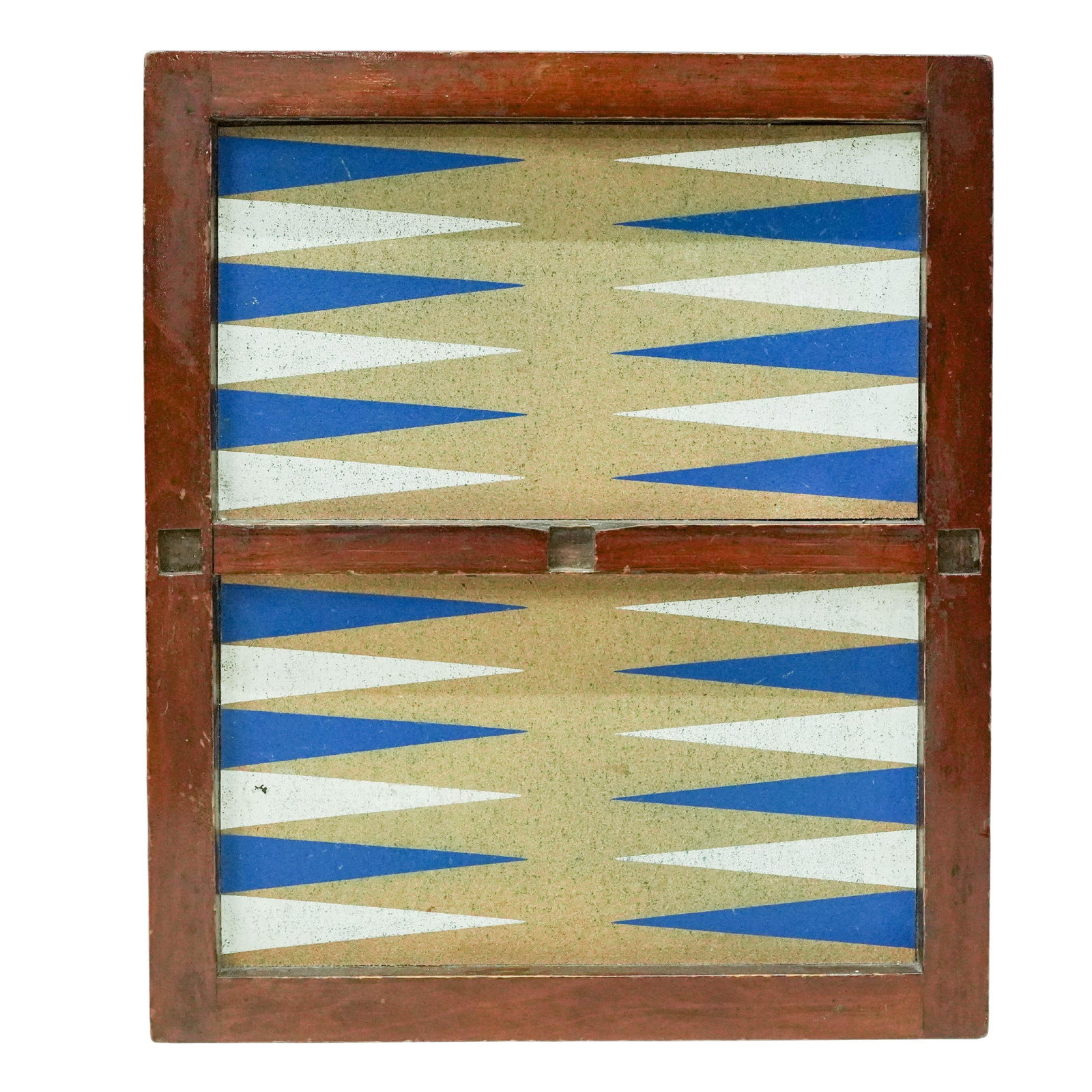 Vintage Backgammon Game Board: Vintage Backgammon Game Board Mid-20th Century, Continental Vintage Folding Backgammon Game Board. Wooden hinged game board with printed blue and white playing fields and fitted interior wells for gam