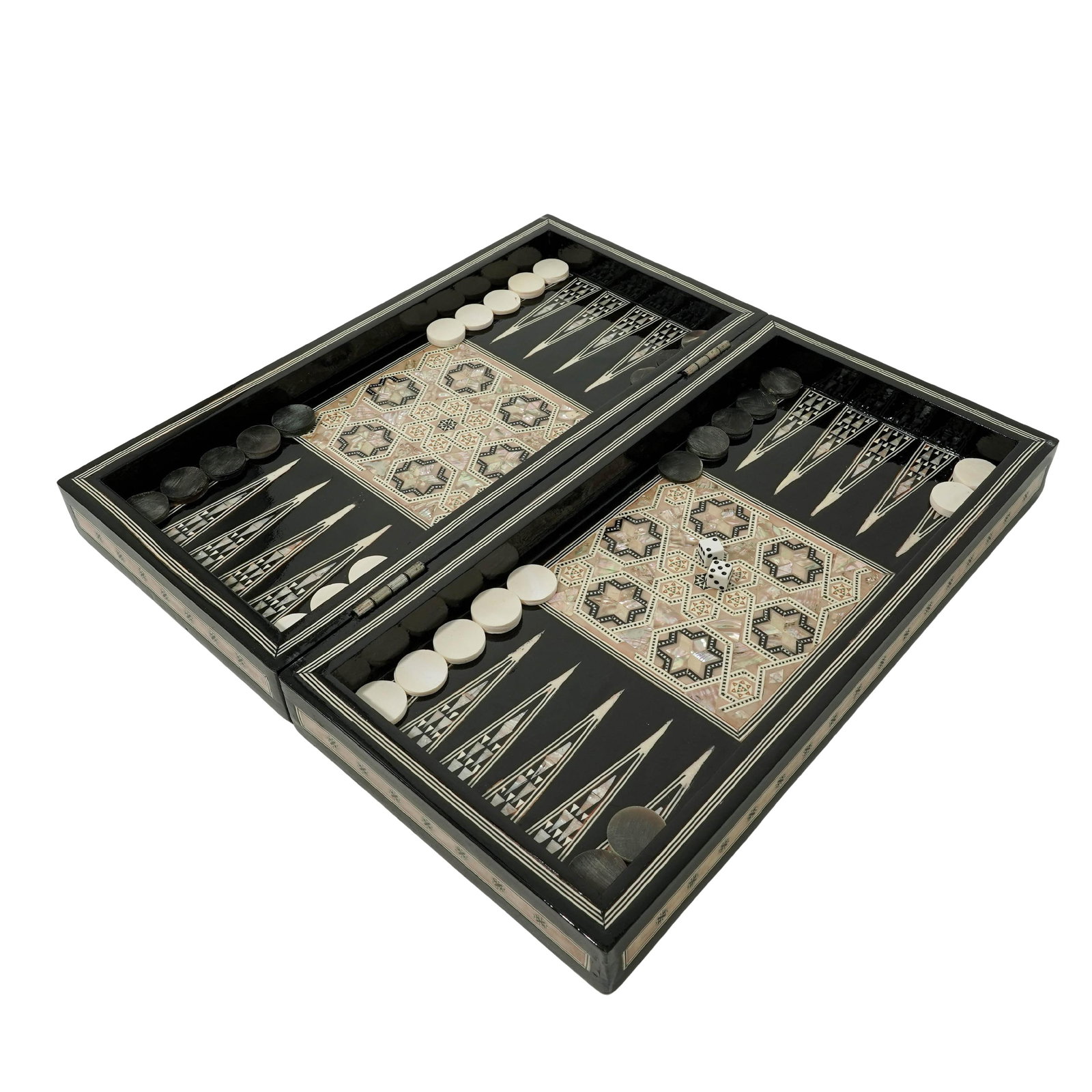 Vintage Mother-of-Pearl & Abalone Inlaid Backgammon Game Set: Vintage Mother-of-Pearl & Abalone Inlaid Backgammon Game Set Late 20th Century, China. Decorative folding backgammon set featuring an intricately inlaid playing surface composed of mother-of-pearl and