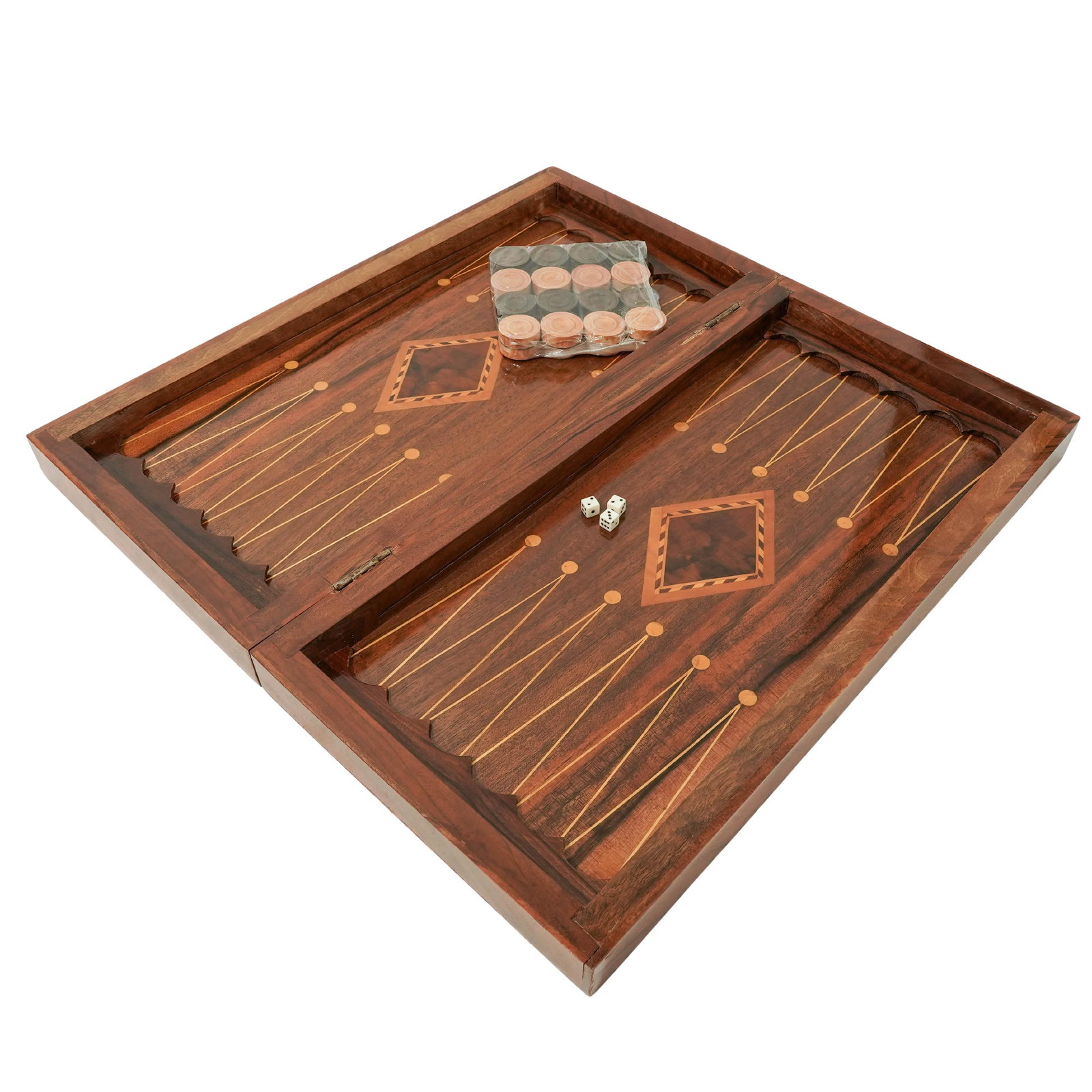 Vintage Marquetry Backgammon & Checkers Game Set: Vintage Marquetry Backgammon & Checkers Game Set Mid-Late 20th Century, USA Folding game board of burl wood with contrasting inlaid stringing forming the backgammon field, the reverse configured for c