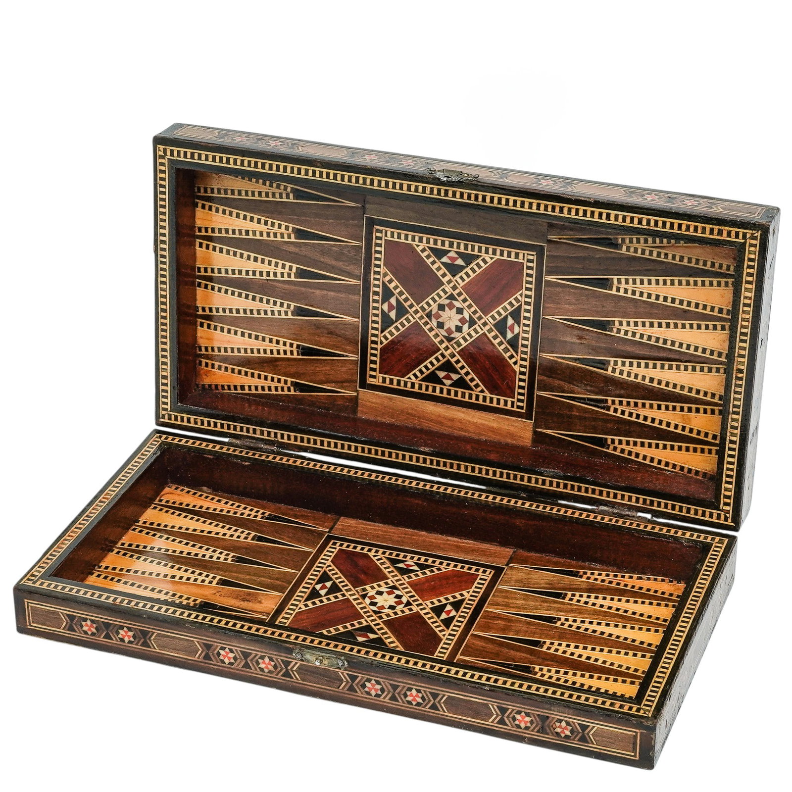 Vintage Syrian Marquetry Backgammon & Chess Board: Vintage Syrian Marquetry Backgammon & Chess Board Late 20th Century, Syria. Syrian Marquetry Inlaid Wood Backgammon and Chess Game Box. Rectangular hinged case with intricate geometric mosaic decorati