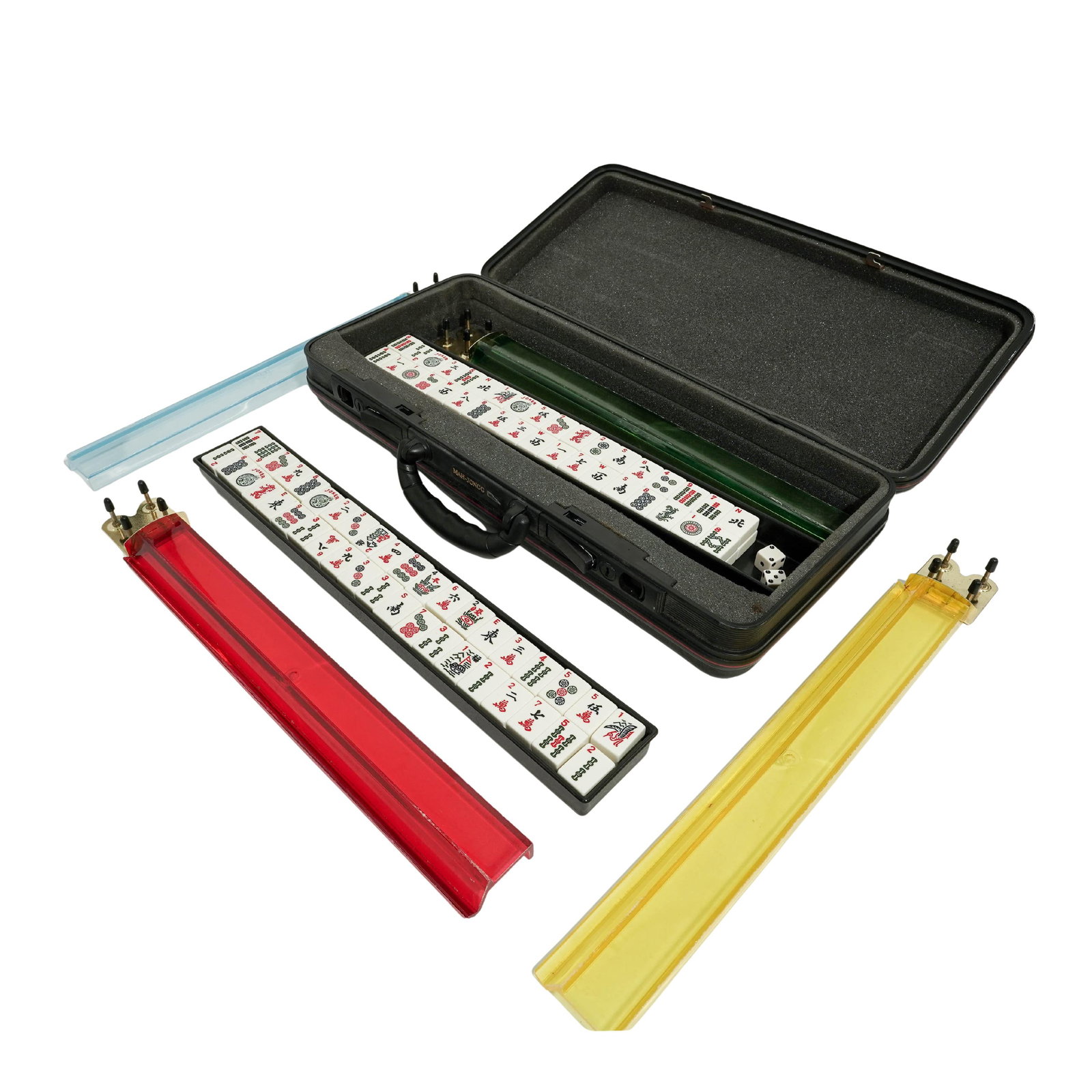 Vintage Mah Jong Set with Black Hardcase: Vintage Mah Jong Set with Black Hardcase Mid-20th Century, China. Vintage Mah Jong gaming set housed in a fitted black hard-shell carrying case with "Mah-Jongg" printed under the handle. The case also