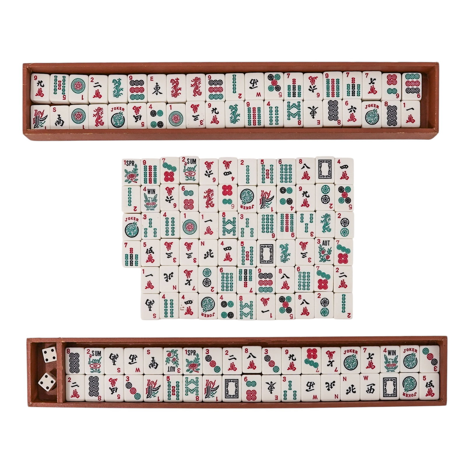 Vintage Mah Jong Set: Vintage Mah Jong Set Late 20th Century, USA. Vintage mah jong set comprising 108 tiles in black, red, and green coloration, accompanied by two dice and pink tile holders, housed in a fitted case. The 