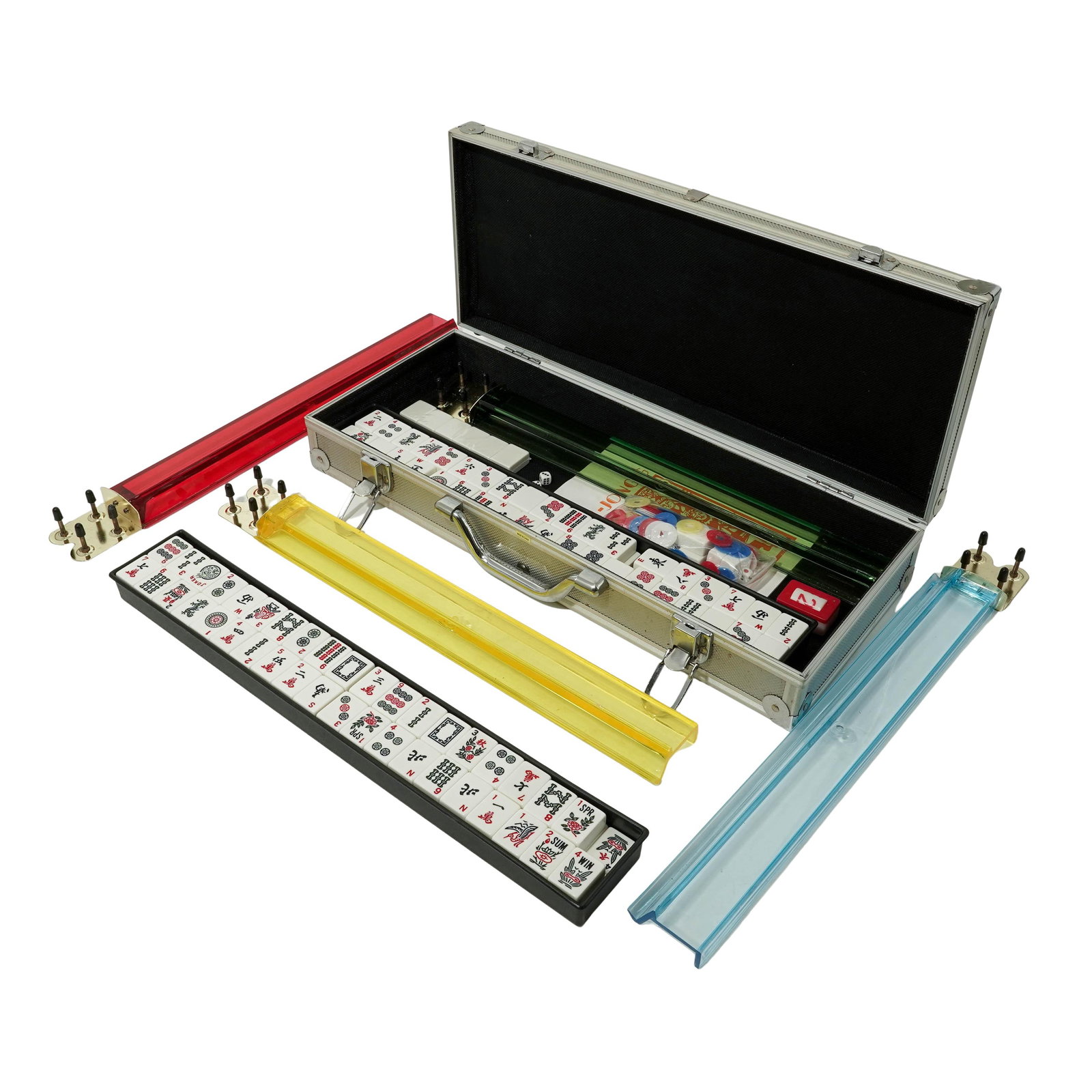 Vintage Mahjong Game Set with metallic Case: Vintage Mahjong Game Set with metallic Case Mid-20th Century, China. Vintage Mah Jong gaming set housed in a silver-tone metal carrying case with fitted interior. Includes a large assortment of engrav