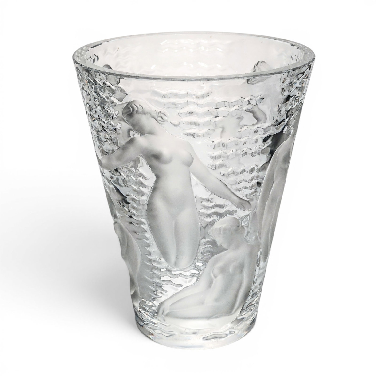 Lalique Ondines Frosted Crystal Nude Nymphs Vase: Lalique Ondines Frosted Crystal Nude Nymphs Vase 20th Century, France. Large and heavy Lalique tapering crystal vase in the iconic Ondines pattern. First introduced in 1952, featuring a continuous rel