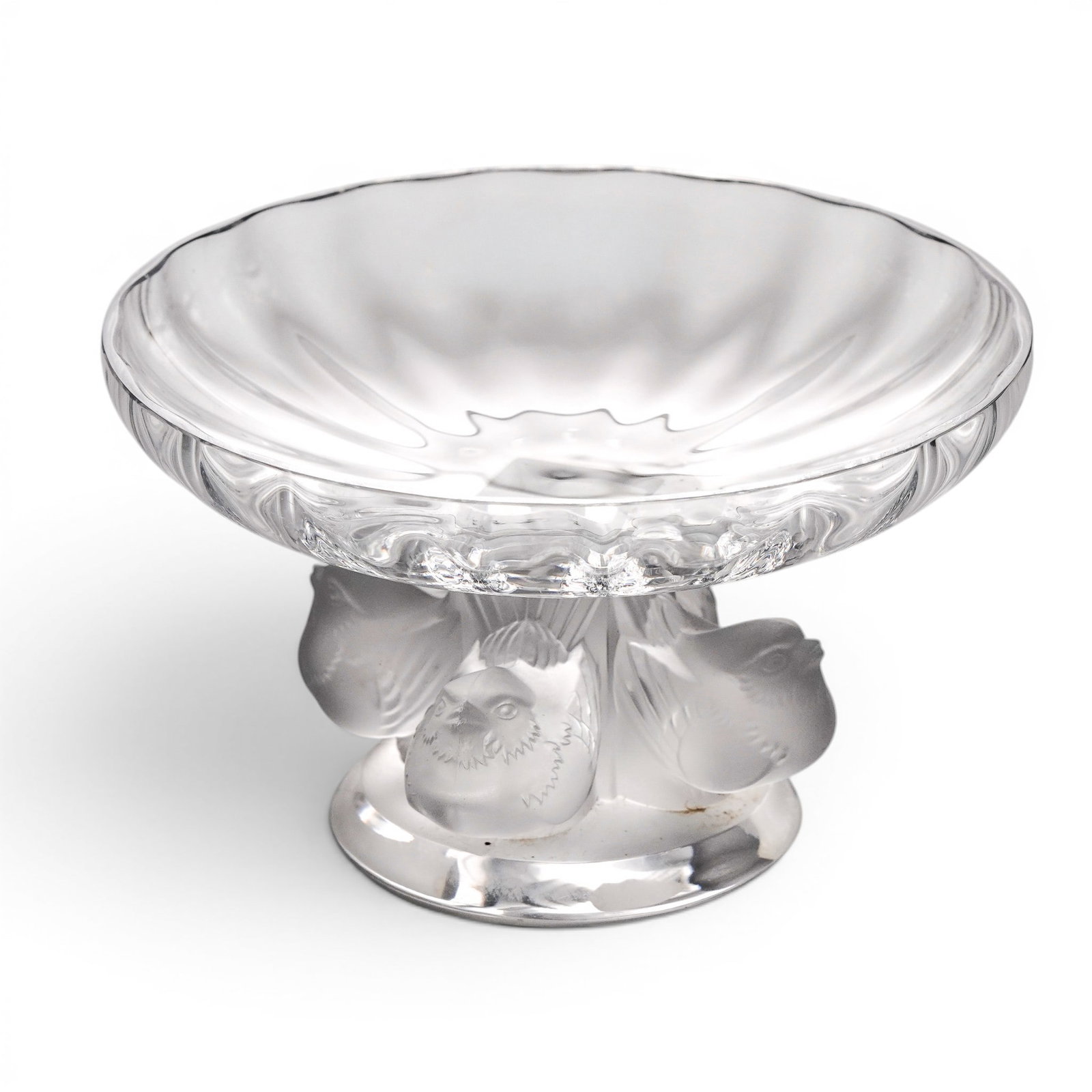 Lalique Crystal Nogent Sparrow Birds Pedestal Compote: Lalique Crystal Nogent Sparrow Birds Pedestal Compote 20th century, French Designed by Marc Lalique in 1966, this French-made piece is a classic blend of clear and frosted crystal. The base is intrica