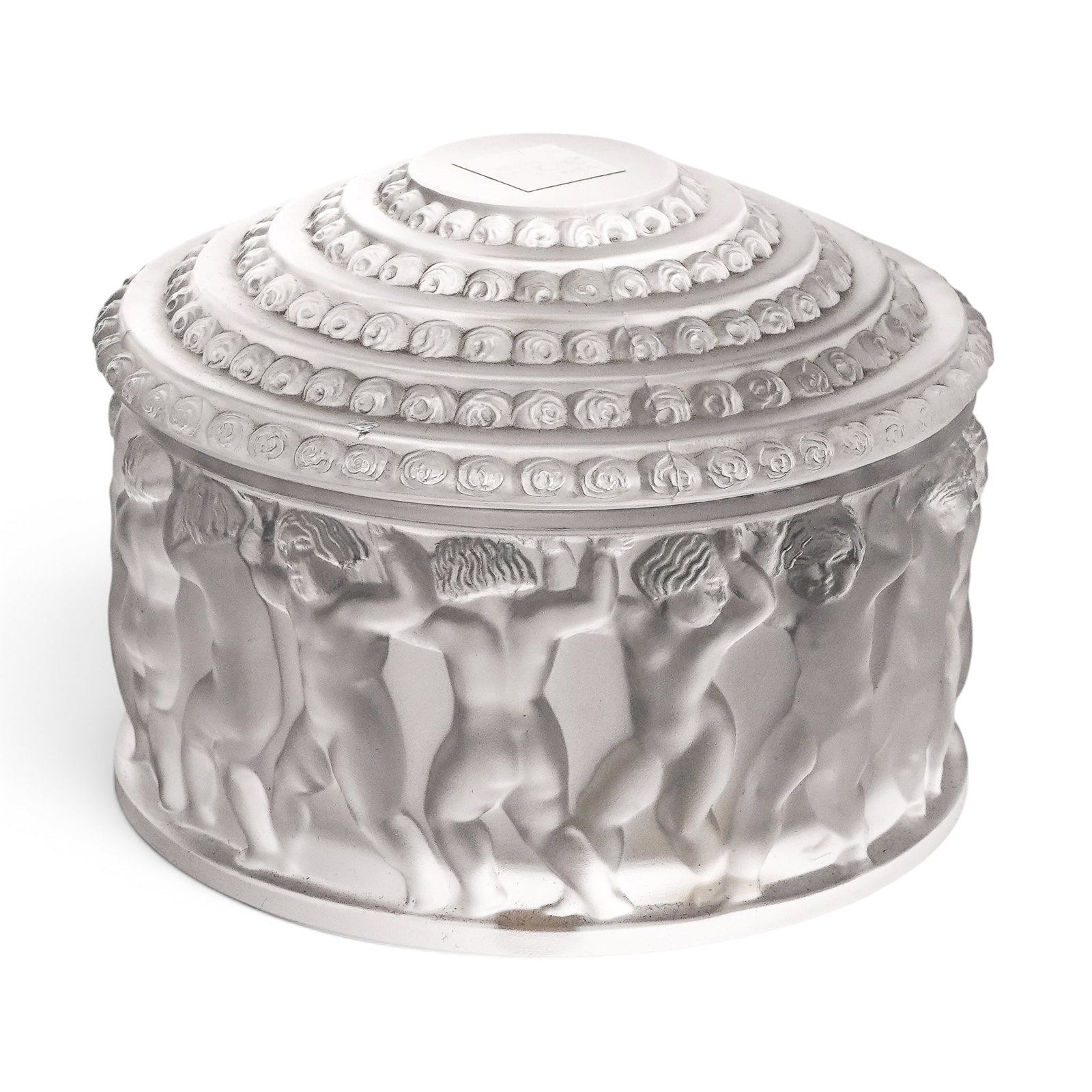 Lalique "Les Enfants" Frosted Crystal Powder Box: Lalique "Les Enfants" Frosted Crystal Powder Box 20th century, French Frosted crystal lidded container designed by renowned French artist Rene Lalique in 1931. The box is crafted from frosted glass, w