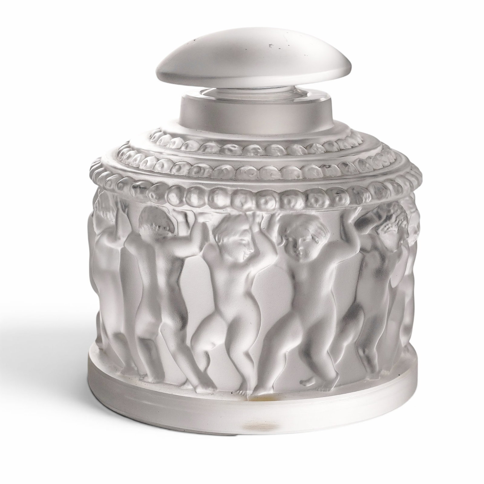 Lalique "Les Enfants" Frosted Crystal Perfume Bottle: Lalique "Les Enfants" Frosted Crystal Perfume Bottle 20th century, French Frosted crystal perfume bottle designed by renowned French artist Rene Lalique. The bottle is crafted from frosted glass, whic