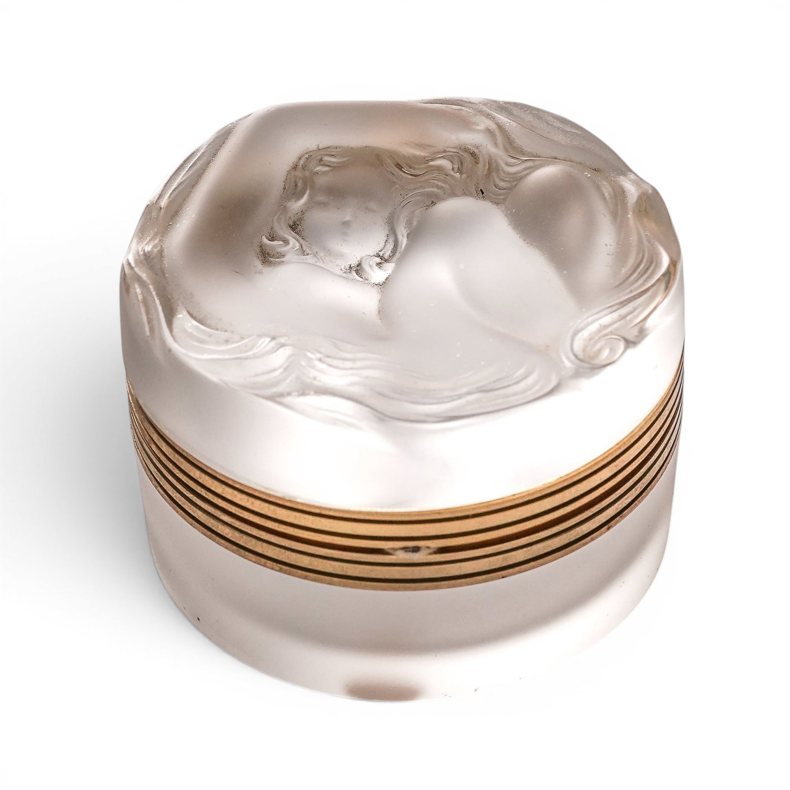 Lalique Daphne Crystal Nude Nymph Jewelry Box: Lalique Daphne Crystal Nude Nymph Jewelry Box c. 1950s-1970s, French Crafted from frosted and clear crystal with brass mounts, it showcases a relief of a nude nymph Daphne from Greek mythology, on the