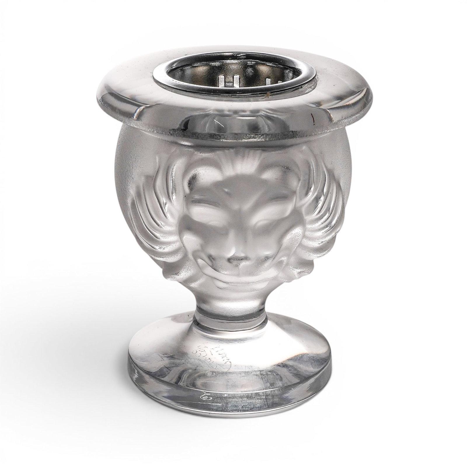 Lalique Crystal "Tete de Lion" Table Lighter Holder: Lalique Crystal "Tete de Lion" Table Lighter Holder 20th century, French A classic piece of French art glass designed by Rene Lalique around 1960. The urn-shaped vessel features two prominent, highly 