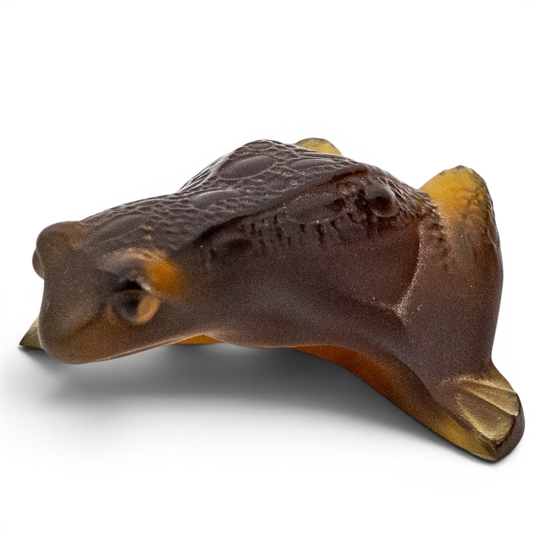 Lalique Amber Crystal Frog Figurine: Lalique Amber Crystal Frog Figurine 20th c., France Lalique amber crystal glass frog figurine, featuring a frosted and polished finish. Lalique France etched to underside. H: 1.25" W: 2.35" L: 2.5"