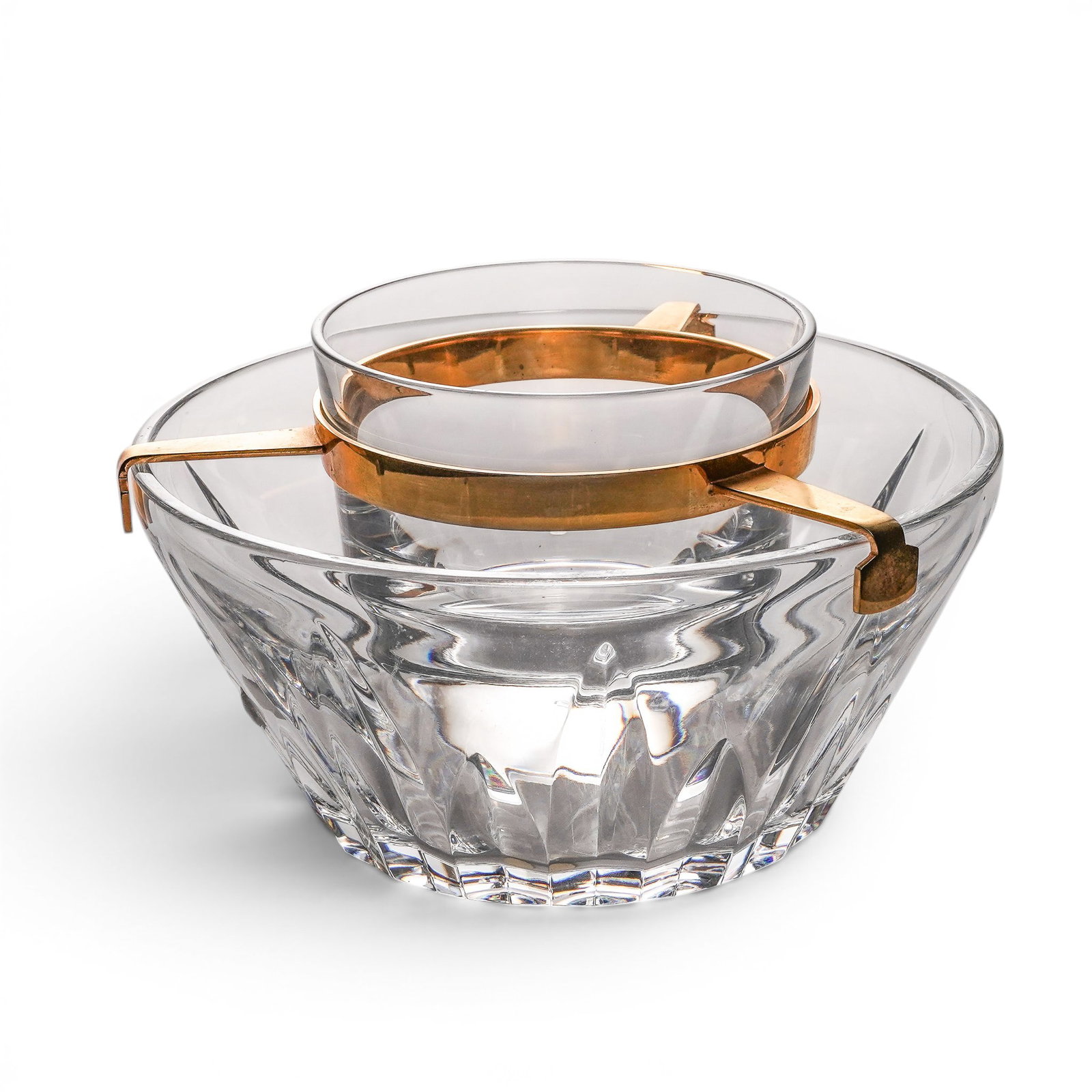 Vintage Baccarat Crystal Caviar Serving Set: Vintage Baccarat Crystal Caviar Serving Set Mid-20th Century, France. Elegant crystal caviar serving set by Baccarat, comprising a fitted inner bowl suspended within a larger bowl by a gilt metal moun