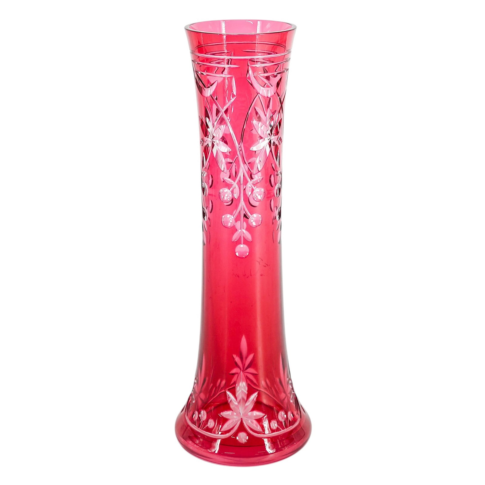 Baccarat Limited Edition Ruby Cut-to-Clear Crystal Trumpet Vase: Baccarat Limited Edition Ruby Cut-to-Clear Crystal Trumpet Vase 20th century, France The large vase features a flared trumpet shape with intricate hand-cut patterns. The motifs include delicate floral