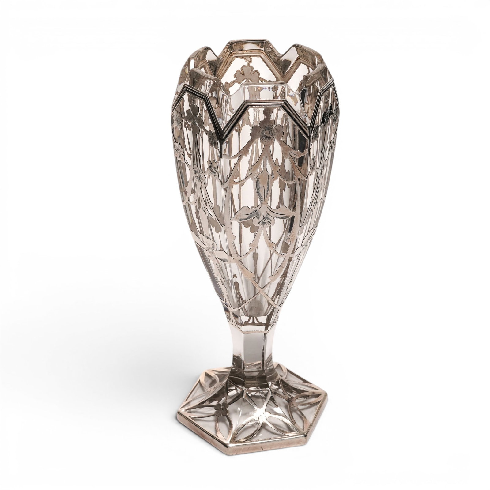 Art Deco Floral Sterling Silver Overlay Crystal Vase: Art Deco Floral Sterling Silver Overlay Crystal Vase 20th century, USA The It has a flared shape, tulip-like silhouette resting on a sturdy hexagonal footed base. The vase adorned with floral and geom