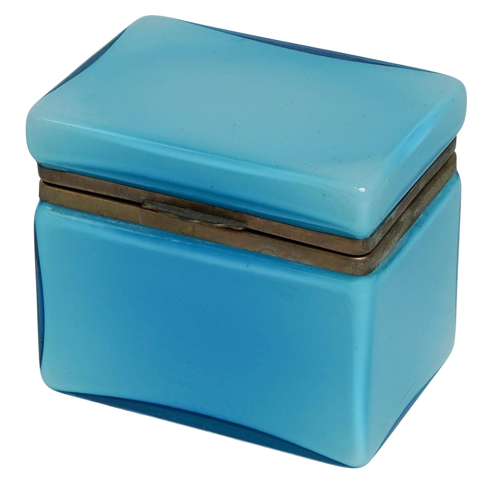 Murano Blue Art Glass Casket Box: Murano Blue Art Glass Casket Box Mid-20th century, Italian Vintage Murano vibrant blue glass box constructed with elegant gilt brass mounts that secure the hinged lid. Signed with Murano sticker on th