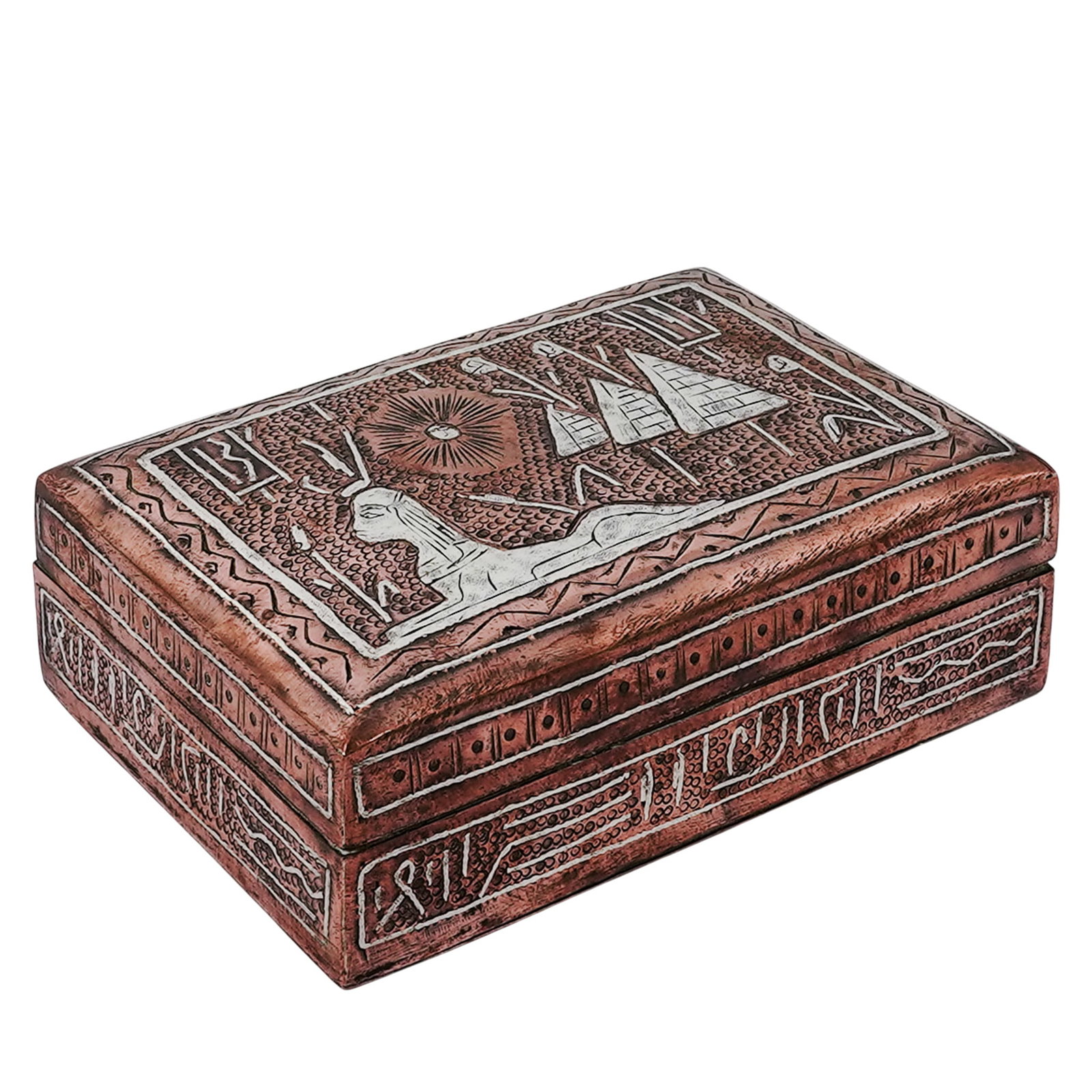 Egyptian Revival Silver & Copper Cigar Box: Egyptian Revival Silver & Copper Cigar Box Early 20th Cent. This Art Deco Egyptian Revival box features a detailed scene of the Great Sphinx and Pyramids, hand-inlaid in silver against a rich copper b