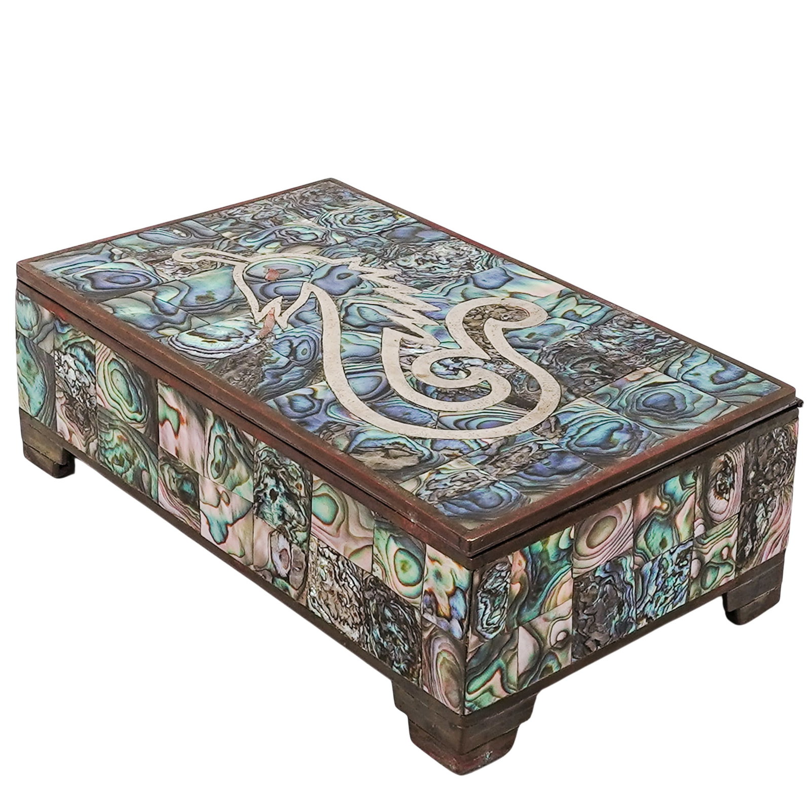 Vintage Mexican Alpaca, Brass & Abalone Shell Box: Vintage Mexican Alpaca, Brass & Abalone Shell Box Mid 20th Cent.,Mexican The box is decorated with iridescent abalone shell tiles, which produce a characteristic swirling play of blues, greens, and pu