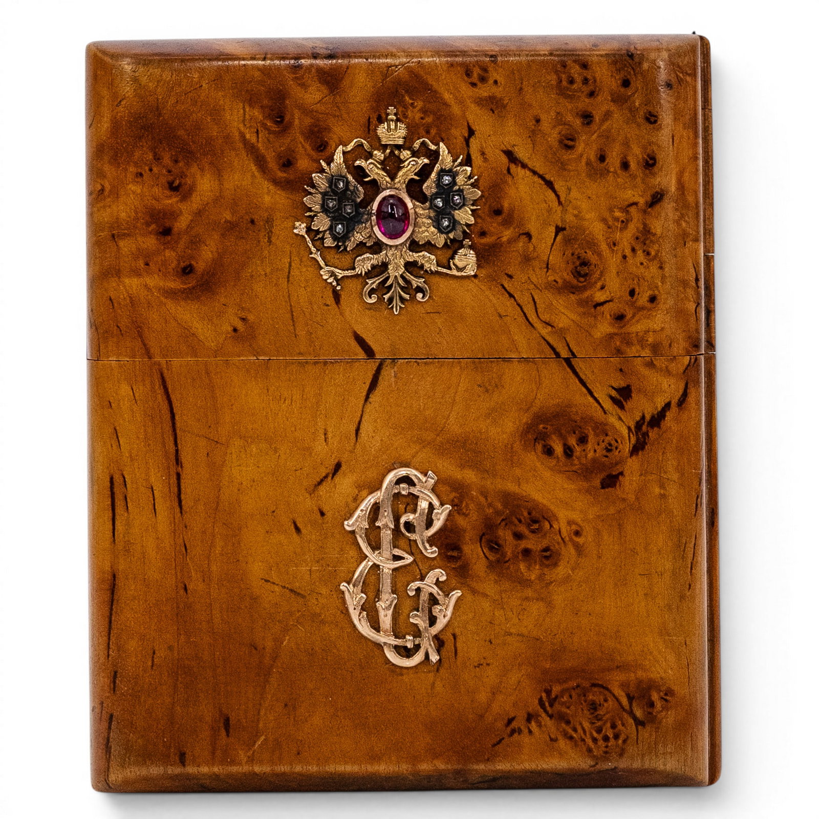 Vintage Russian Karelian Birch 14k Gold Ruby & Diamond Cigarette Case: Vintage Russian Karelian Birch 14k Gold Ruby & Diamond Cigarette Case 1900s, Russian Russian Karelian birch cigarette case featuring richly figured burl wood with hinged form. Front is mounted with a 