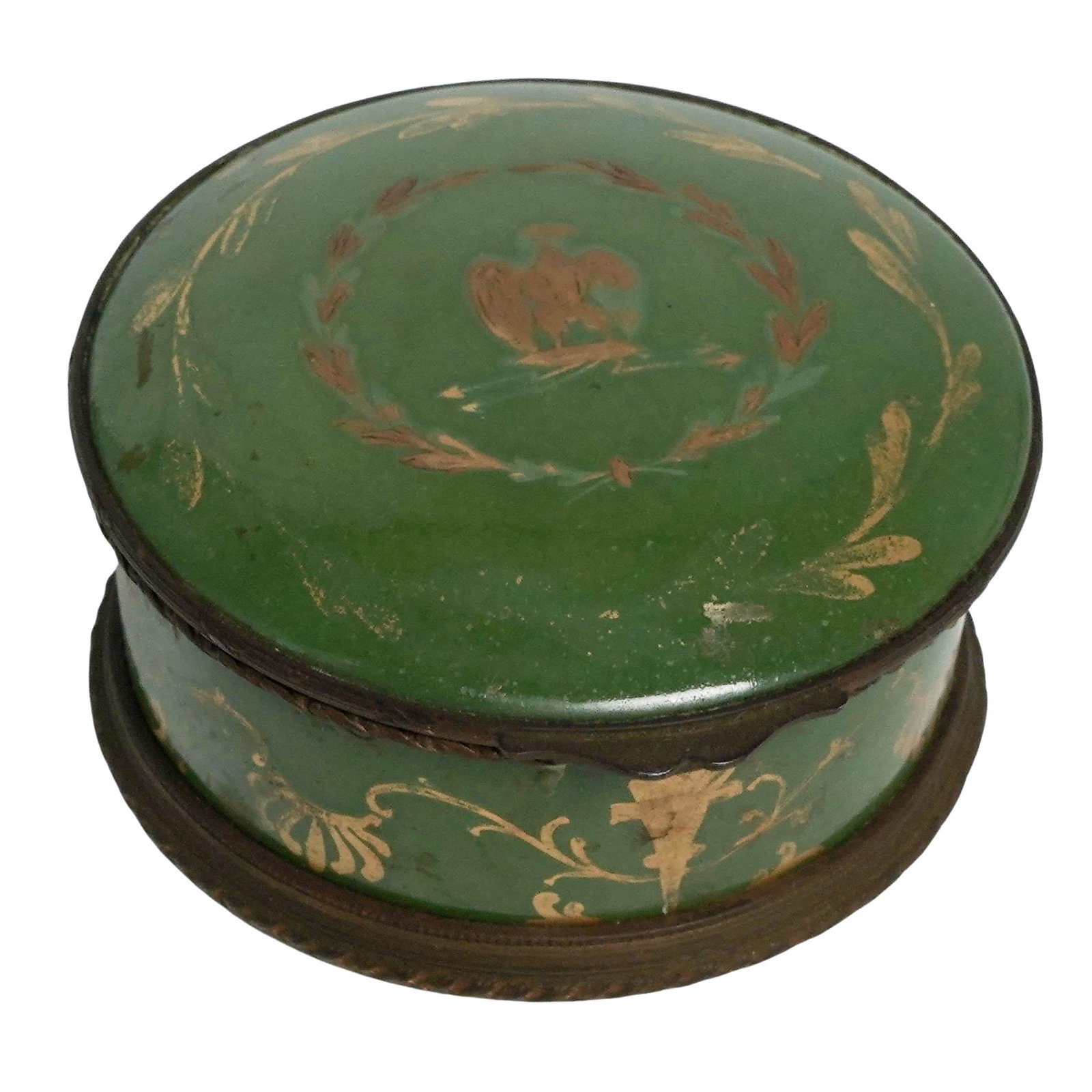 18th Cent. Sevres Enamel & Bronze Porcelain Box: 18th Cent. Sevres Enamel & Bronze Porcelain Box c. 1771, French Sevres green enamel porcelain box with weathered bronze trim and mounts, showing a deep patina. According to the Sevres dating system: A