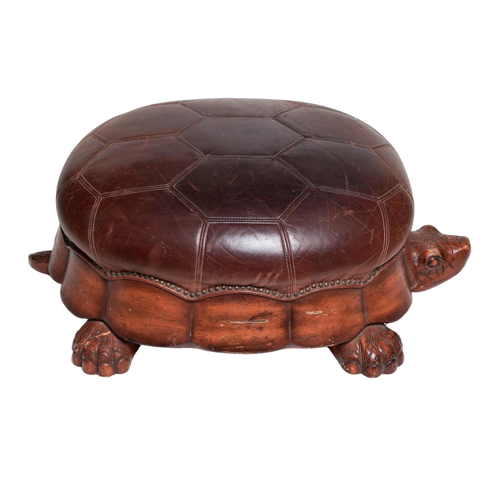 Leather & Carved Wood Turtle Ottoman: Leather & Carved Wood Turtle Ottoman Mid to late 20th cent. Chinese Turtle-shaped ottoman, a classic example of high-end zoomorphic furniture. This piece features a plush, stitched leather carapace up