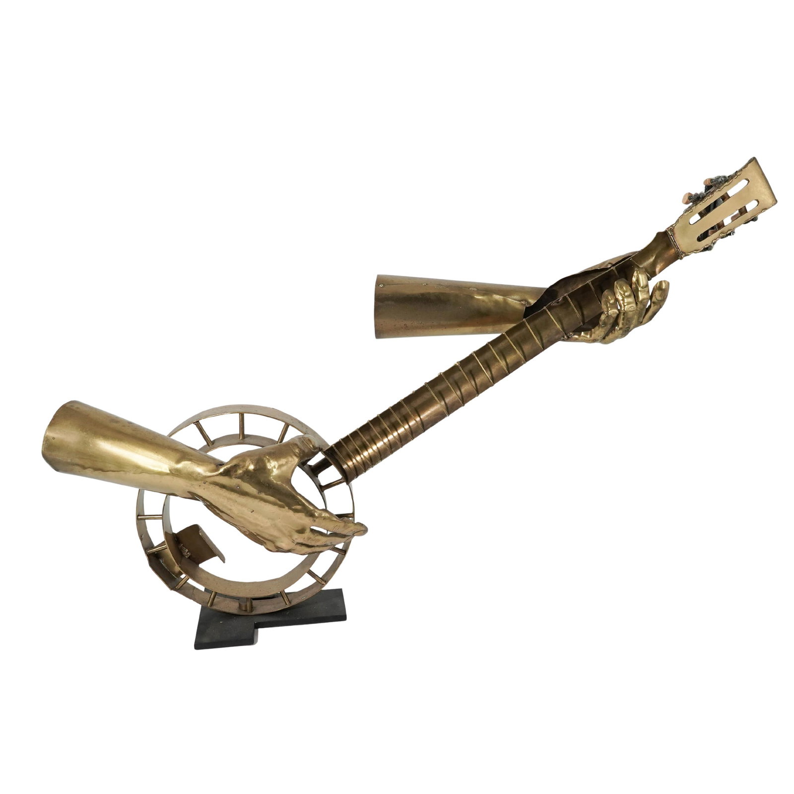 Vintage Arman-Style Brass Banjo Sculpture: Vintage Arman-Style Brass Banjo Sculpture Late 20th Century, USA Cast brass sculptural object in the form of a banjo, featuring a stylized hand gripping the neck and mounted on a circular base. The co