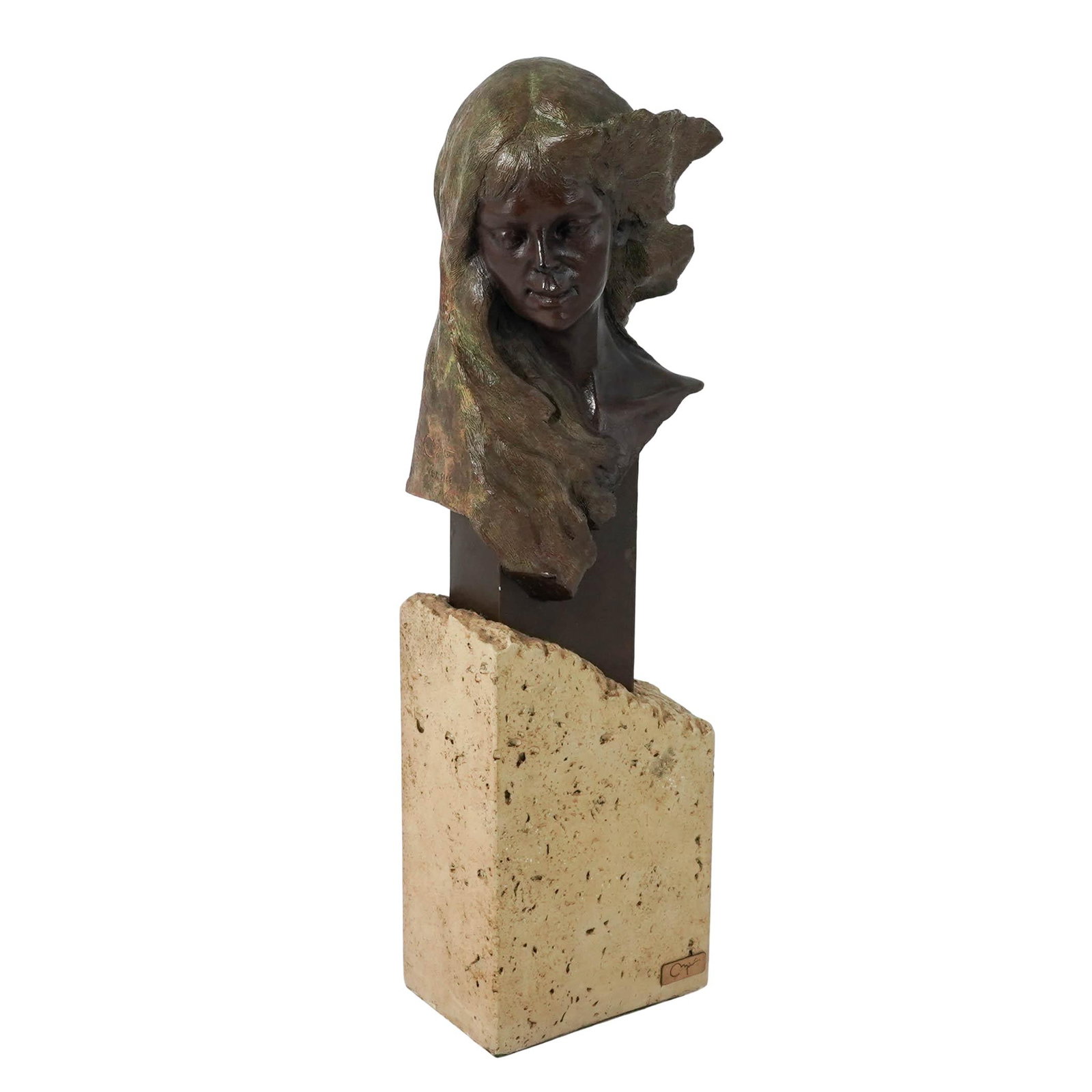 Antoni Miro (Italian, 1944-), 'Musa Del Viento' Bronze Sculpture: Antoni Miro (Italian, 1944-), 'Musa Del Viento' Bronze Sculpture Late 20th Century, Italy. Patinated bronze sculpture depicting a wind-swept female bust, mounted on a geometric support and stone base,