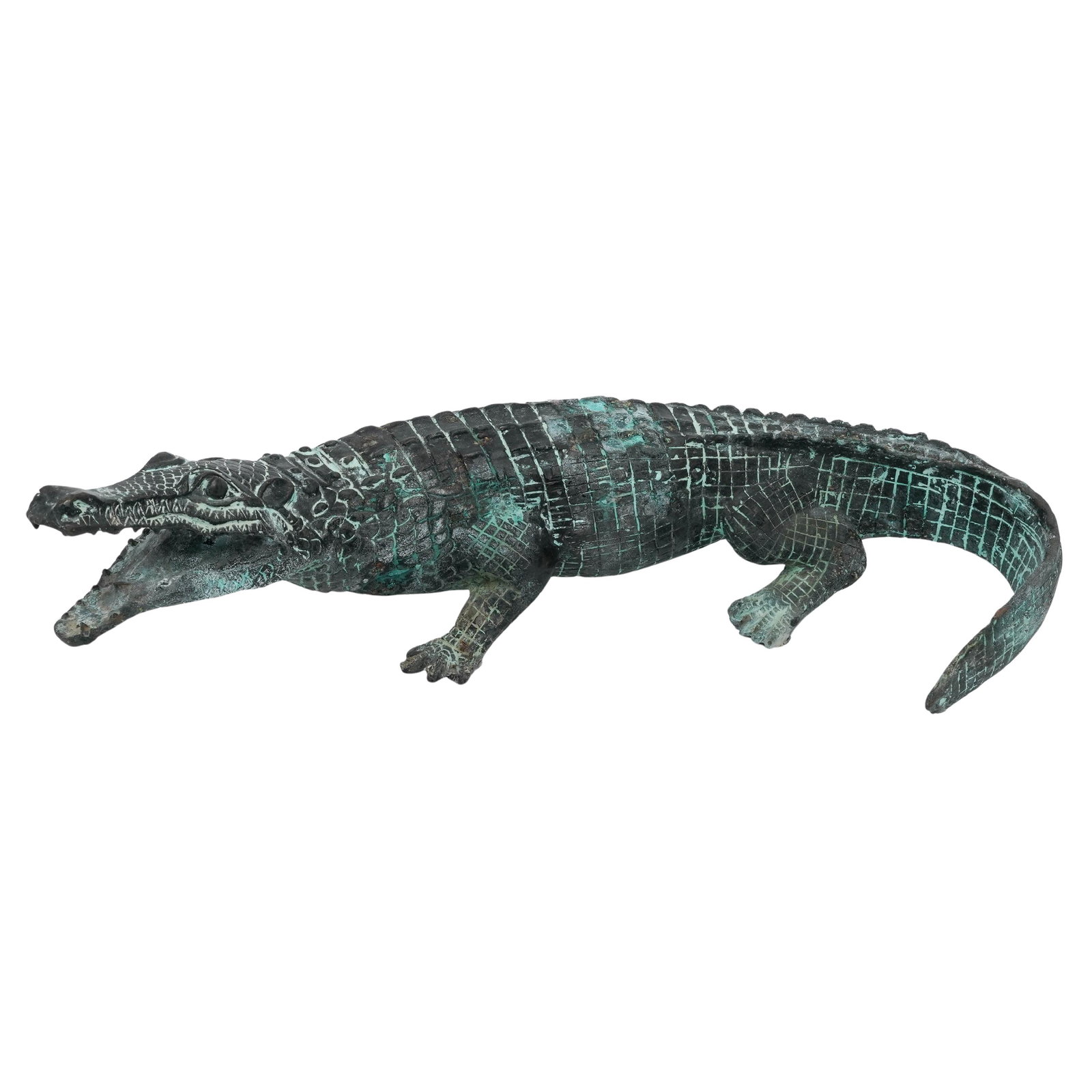 Vintage Patinated Crocodile Sculpture: Vintage Patinated Crocodile Sculpture Late 20th Century, Continental. Cast metal sculpture of a crocodile depicted with open jaws and detailed scaled body, finished with a greenish patina. Naturalisti