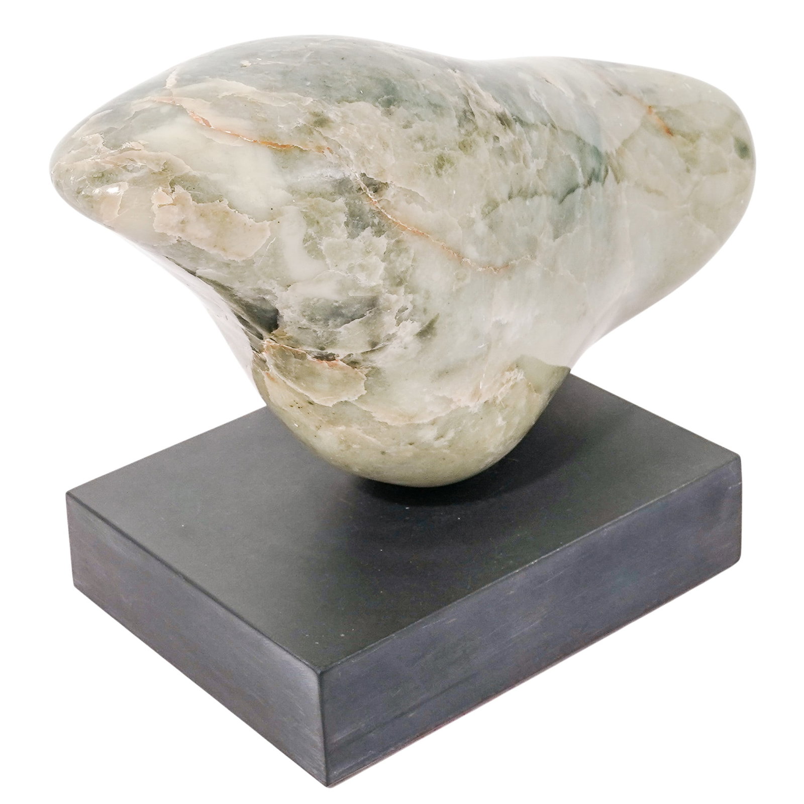 Signed Biomorphic Green Garnierite Stone Sculpture: Signed Biomorphic Green Garnierite Stone Sculpture 1976 Hand-carved green garnierite serpentine stone abstract organic form sculpture. It is mounted to a black base inscribed with the artist initials 