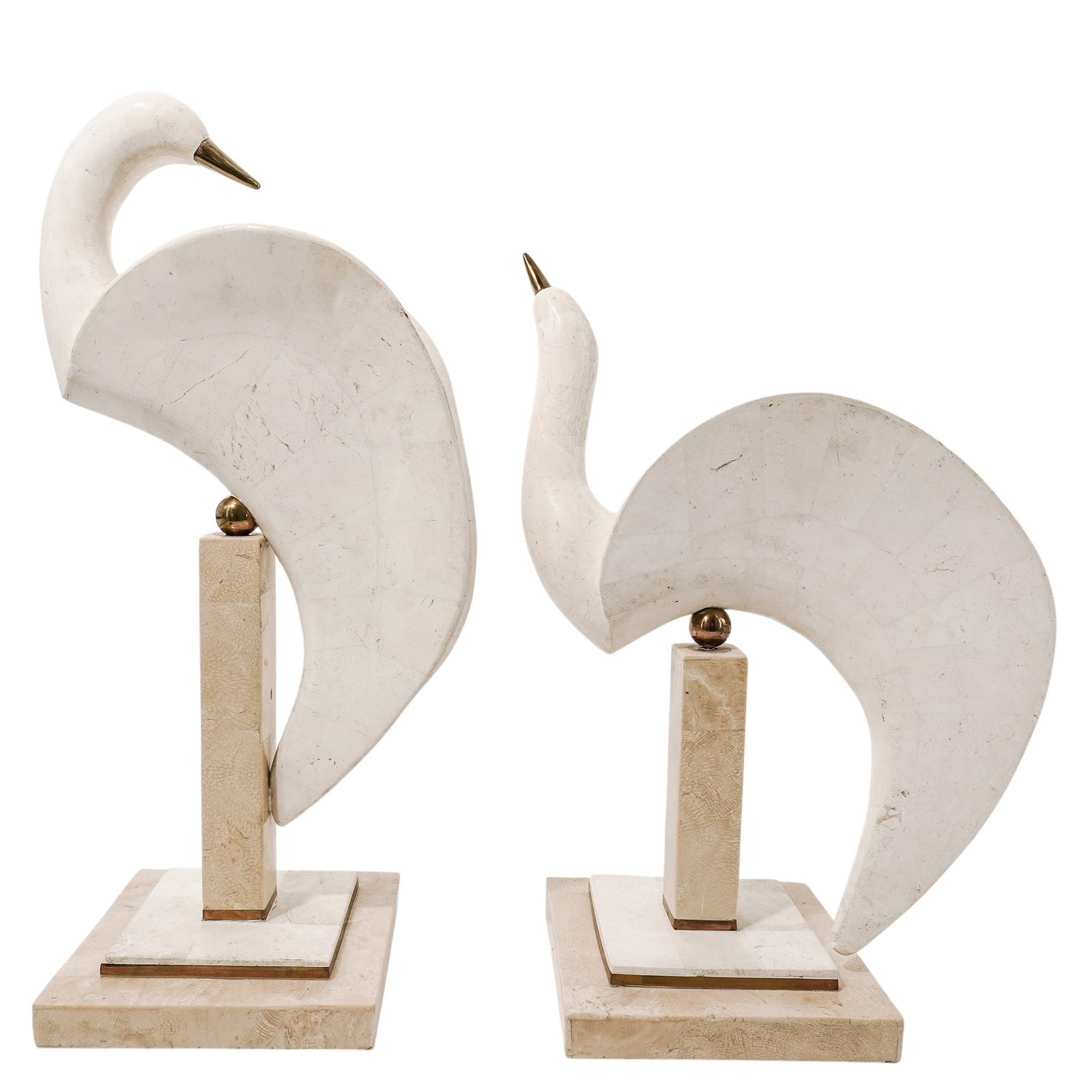 Pair of Maitland-Smith Tessellated Stone & Brass Bird Sculpture: Pair of Maitland-Smith Tessellated Stone & Brass Bird Sculpture Late 20th Century, Philippines. Pair of stylized bird sculptures by Maitland-Smith, constructed in tessellated stone with smooth, curved