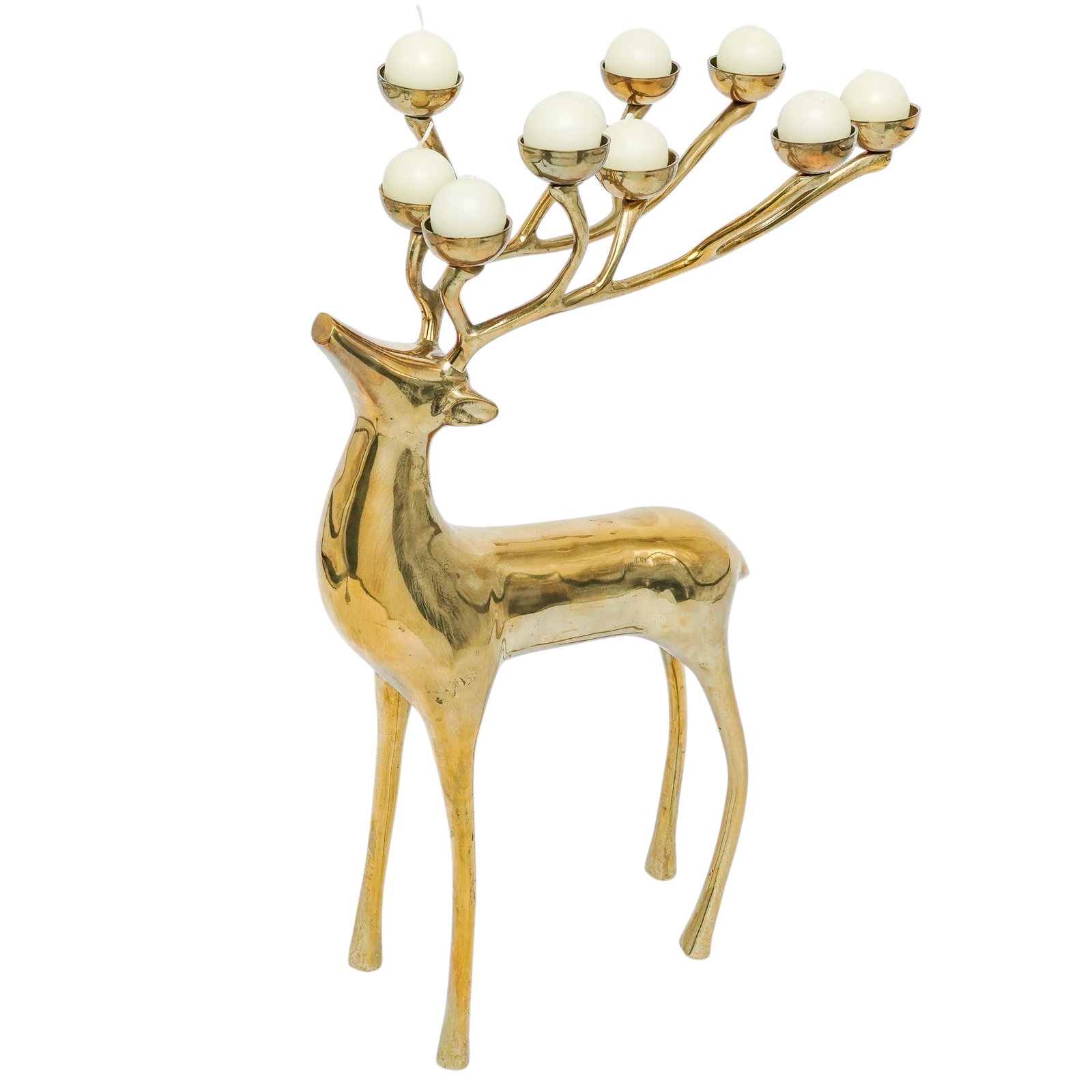Brass Reindeer 10 Light Candelabra: Brass Reindeer 10 Light Candelabra 20th Cent., American brass reindeer candelabra features a stag with a graceful, elongated neck and a set of sculptural, multi-point antlers that double as candle hol