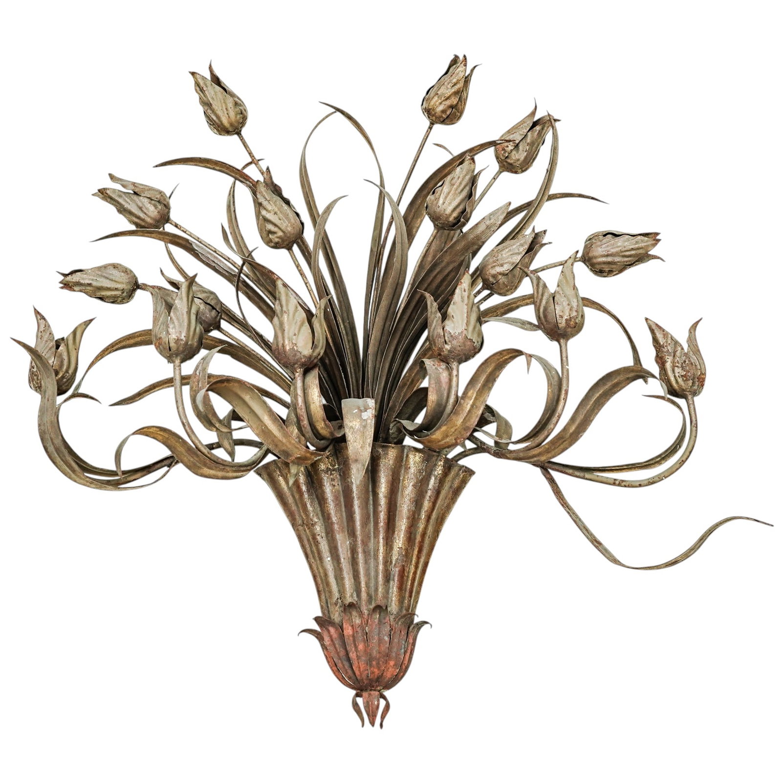 Vintage Italian Tole Bouquet Sconce: Vintage Italian Tole Bouquet Sconce c. 1960s-1970s, Italian Designed as a bouquet or flower arrangement, featuring 16 tulips heads on long, gracefully arching stems that fan out from a central, tapere