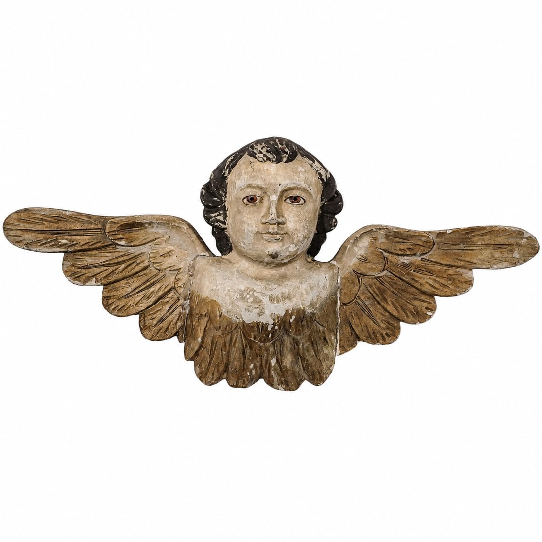 Antique Carved Wood & Glass Eyes Inset Cherub: Antique Carved Wood & Glass Eyes Inset Cherub Late 19th to Early 20th Cent. Continental This is a hand-carved wood winged cherub wall hanging piece inspired by classical European church fragments. The