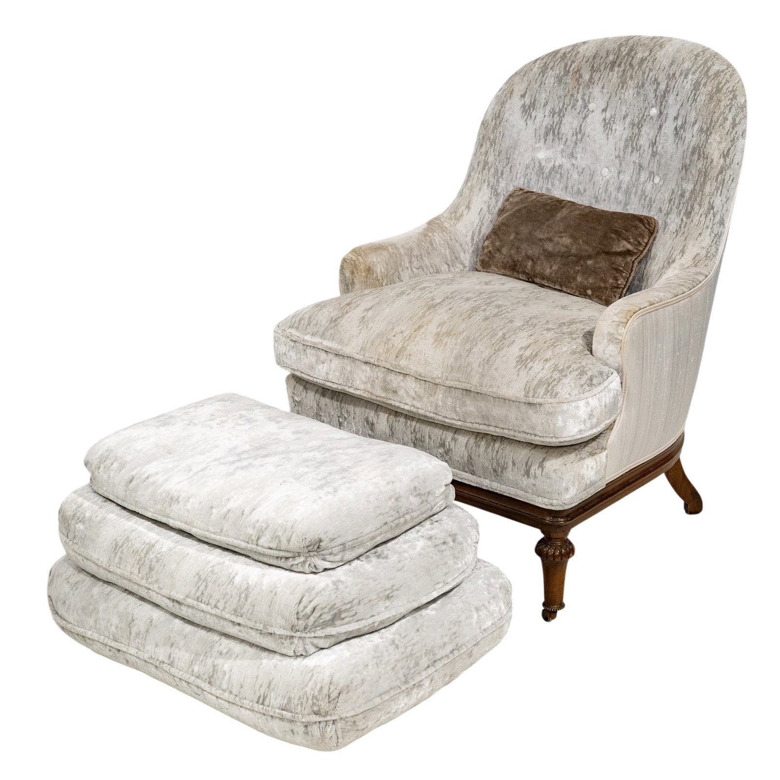(2 pcs) Attrib. Lewis Mitmann Armchair & Ottoman: (2 pcs) Attrib. Lewis Mitmann Armchair & Ottoman Mid to late 20th century Attributed to furniture company Lewis Mitmann Inc. armchair and ottoman featuring a classic Louis XV style Bergère chair desi