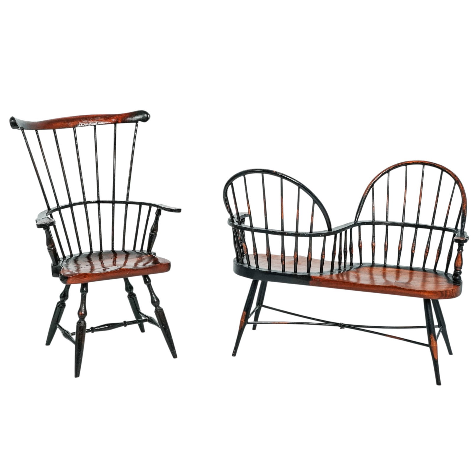 (2 Pc) Windsor Tete-a-Tete Chair & Comb Back Chairs: (2 Pc) Windsor Tete-a-Tete Chair & Comb Back Chairs Early 20th Century, Continental. Including a Windsor-style tête-à-tête chair with double seat and shaped arm supports, together with a Windsor-st