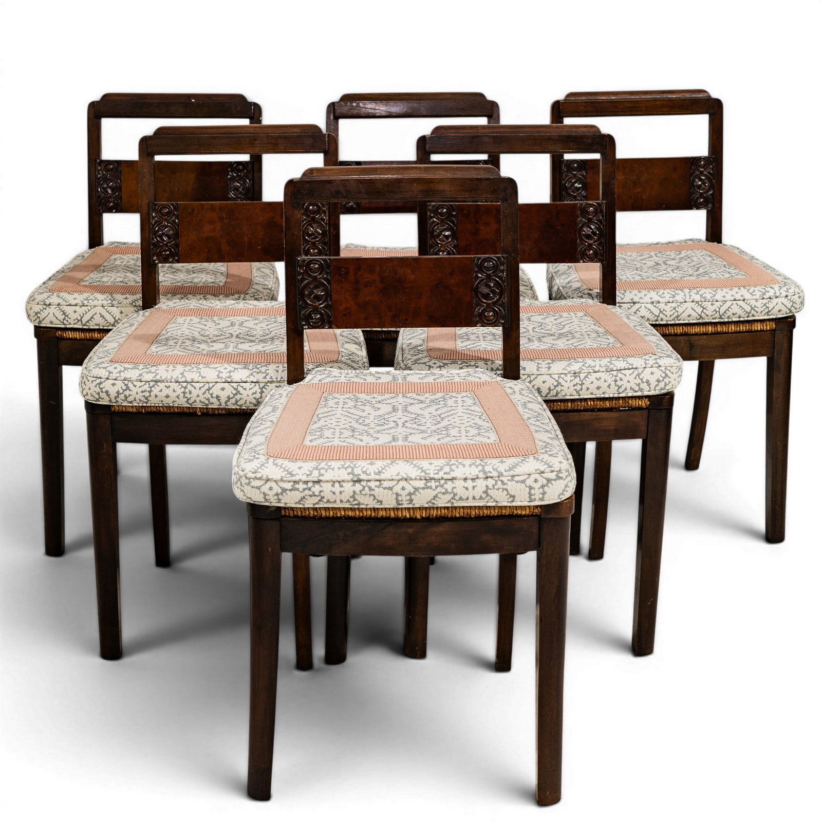 (6 pcs) Art Deco Wood & Grass Wrapped Chairs: (6 pcs) Art Deco Wood & Grass Wrapped Chairs Early 20th century A six piece set of Art Deco wood and grass wrapped chairs with upholstered cushions. Chair backs feature a rectangular panel with carved