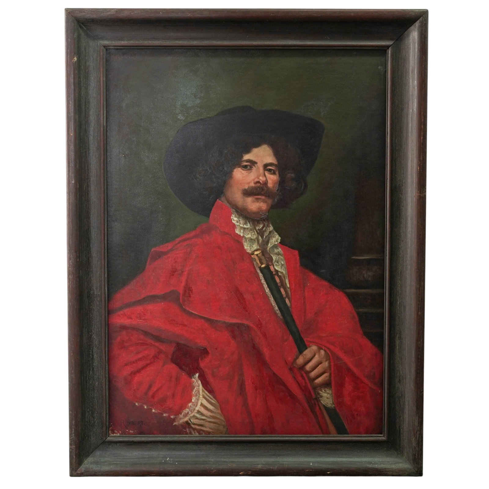 Attributed Ferdinand Roybet (French, 1840–1920) Cavalier Portrait Oil On Canvas Painting: This painting is a vibrant historical genre portrait attributed to the French artist Ferdinand Roybet, depicting a cavalier with a bold and confident expression. The subject is defined by his striking