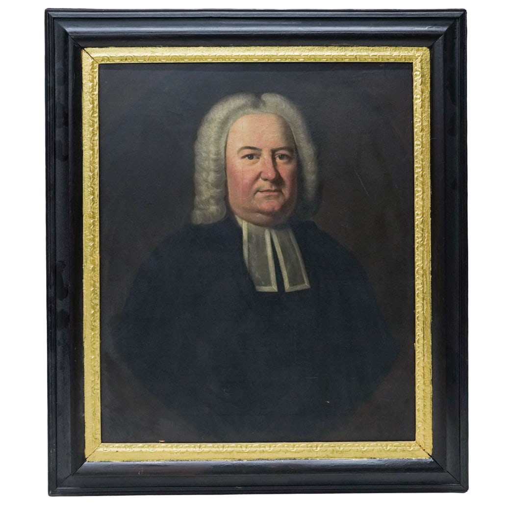 Antique Framed Oil On Canvas Portrait Painting: Antique Framed Oil On Canvas Portrait Painting 18th Century, England Formal half-length portrait depicting a colonial-era Protestant minister wearing a powdered white wig and clerical preaching bands 