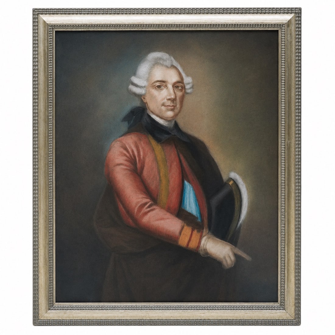 Antique French School Pastel Gentleman Portrait: Antique French School Pastel Gentleman Portrait Europe French-style pastel on paper portrait of a gentleman in a red jacket and powdered wig, holding a hat under one arm and pointing down with the oth