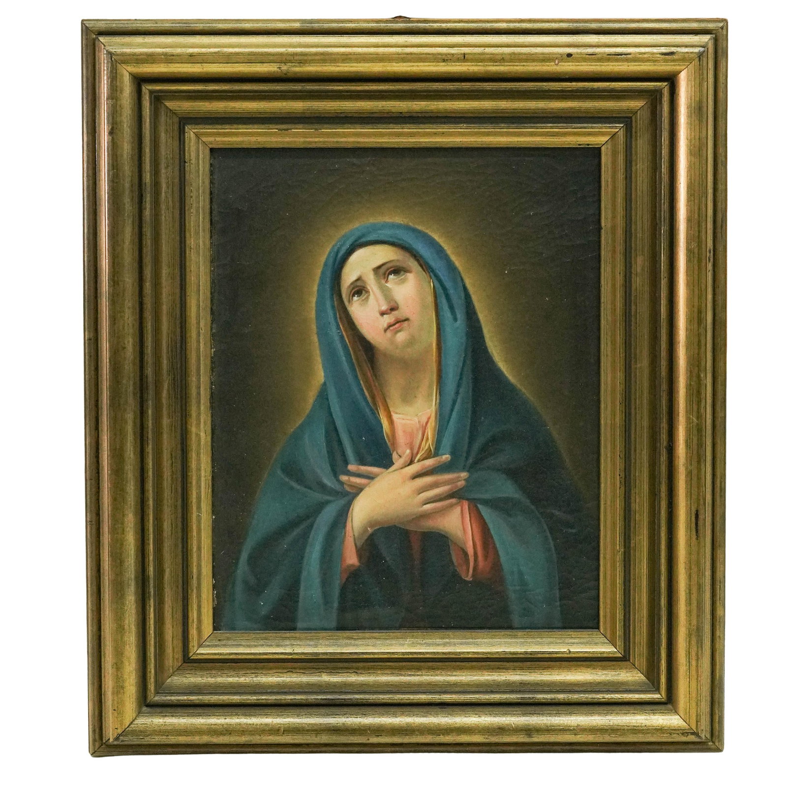 Antique Italian 'Madonna in Ecstasy' Oil on Canvas: Antique Italian 'Madonna in Ecstasy' Oil on Canvas 19th Century, Possibly Older; Italy. Religious portrait depicting the Virgin Mary with crossed hands and upward gaze, rendered in the manner of Old M
