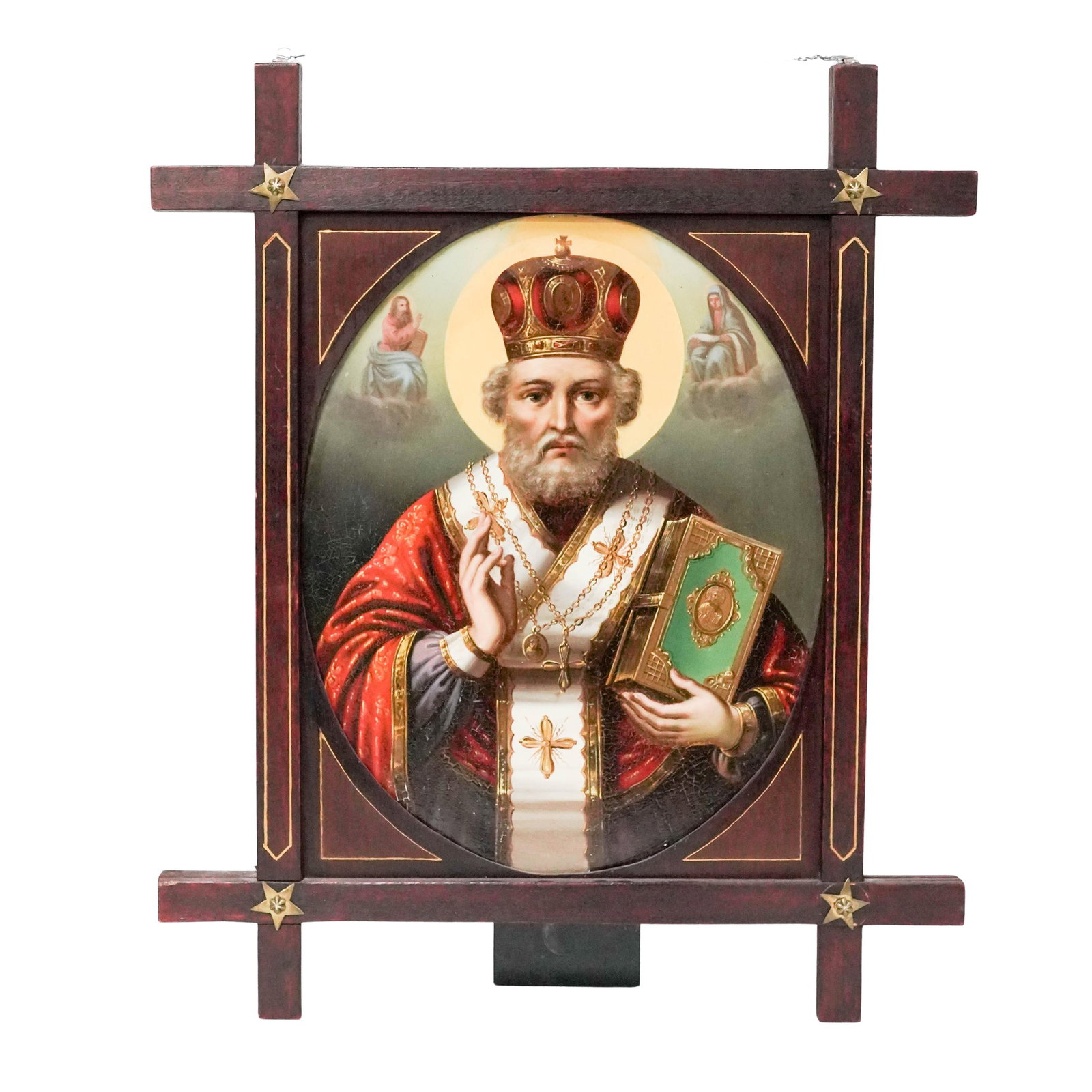 Antique Bilateral Orthodox Icon of St Nicholas & Biblical Scene: Antique Bilateral Orthodox Icon of St Nicholas & Biblical Scene 19th Century, Continental Double-sided Orthodox icon featuring a portrait of St. Nicholas holding a Gospel book and giving blessing on o